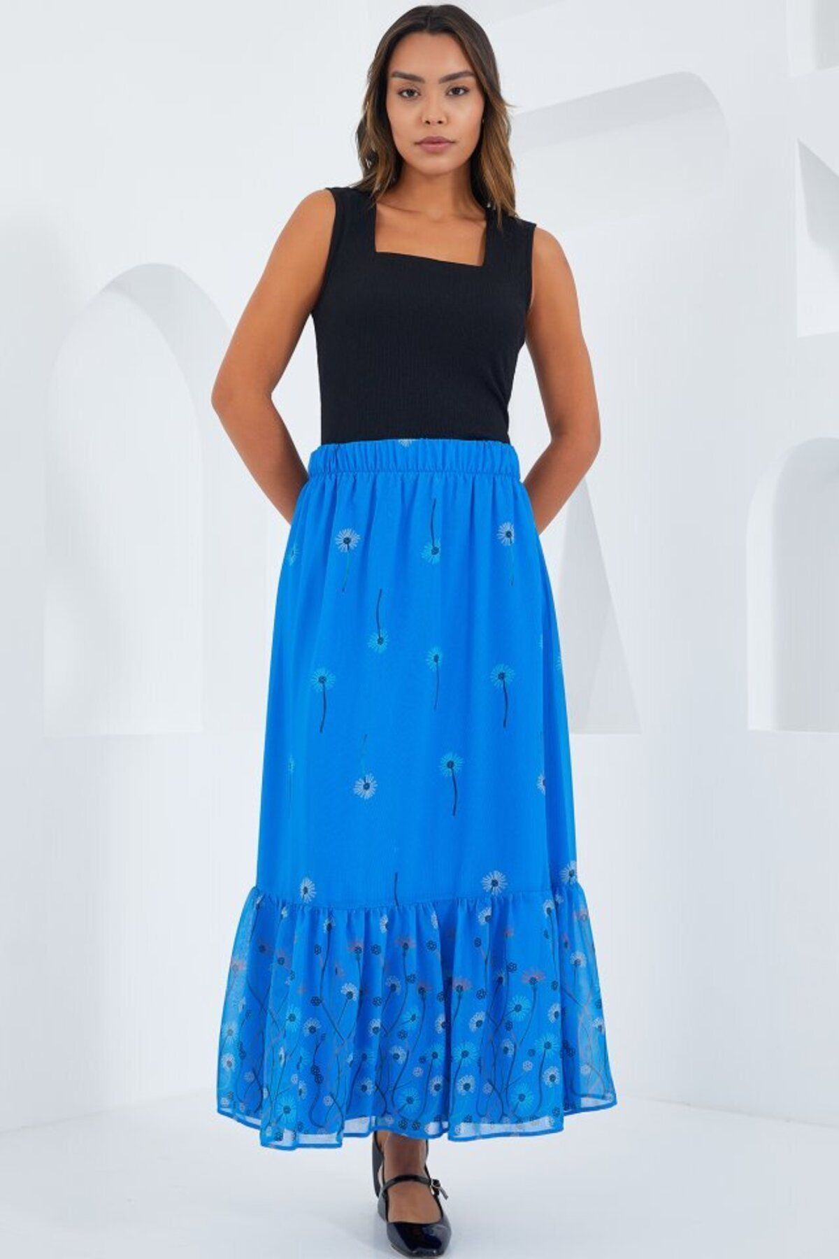 D&M Life Collection Saks Desenli Şifon Etek 8010 - 42 - Saks