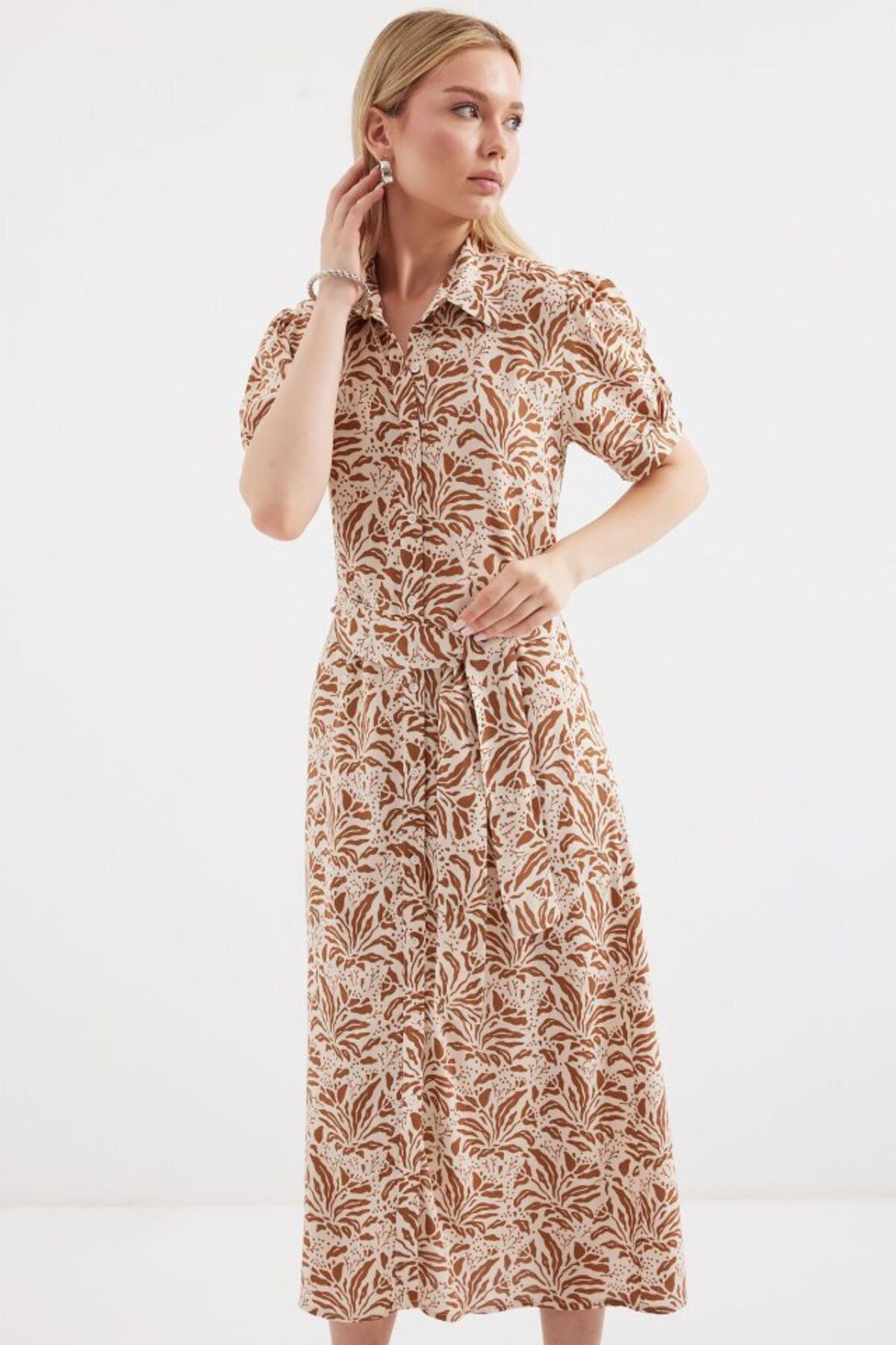 D&M Life Collection 2213 Kısa Kol Viskon Elbise - Taba - 38