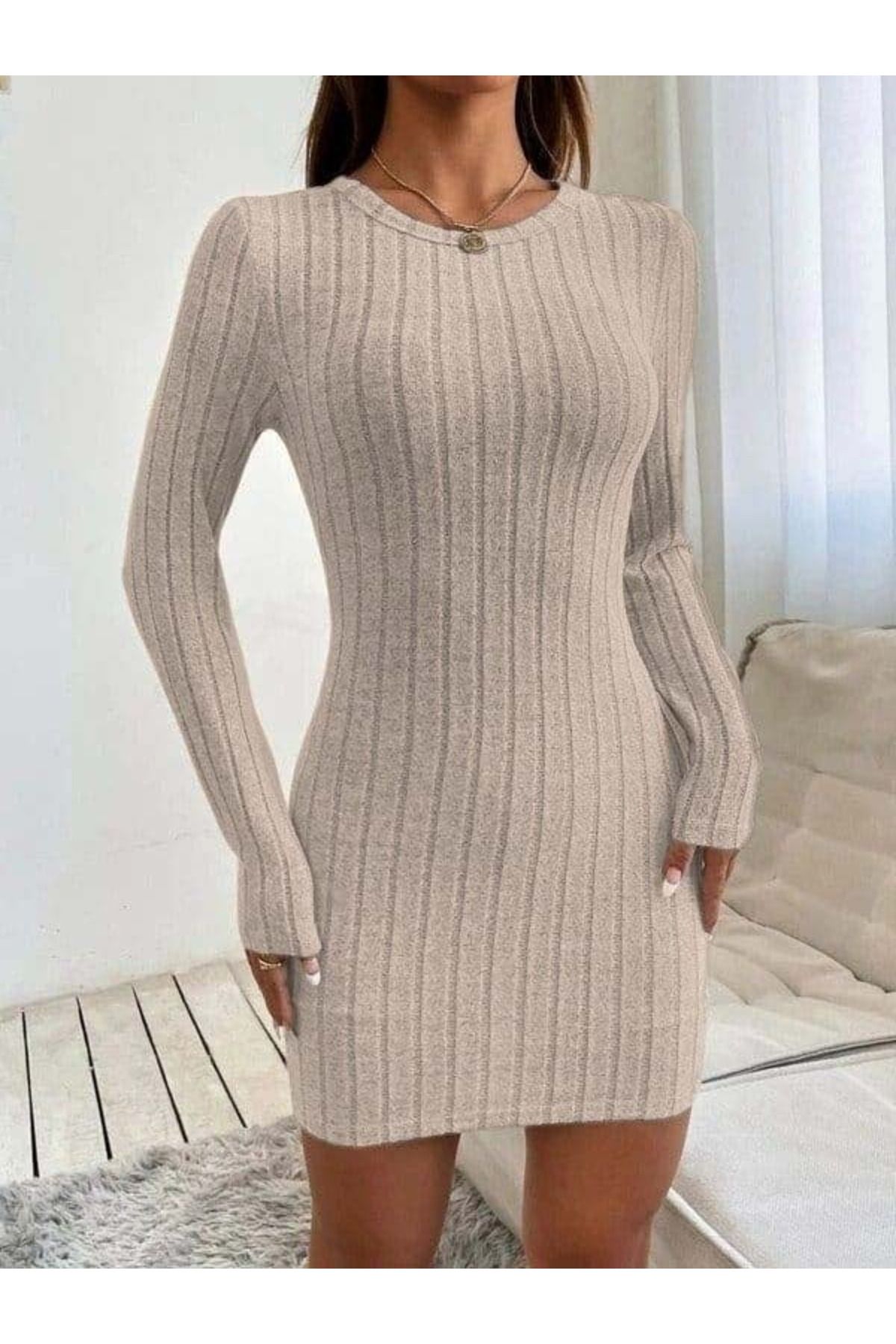 D&M Life Collection Kadın Uzun Kollu Bisiklet Yaka şardonlu Kalın Fitilli Kaşkorse Mini Boy Elbise