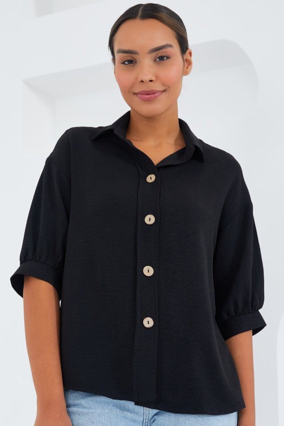 D&M Life Collection Siyah Kısa Kol Oversize Keten Gömlek 20240 - 40 - Siyah