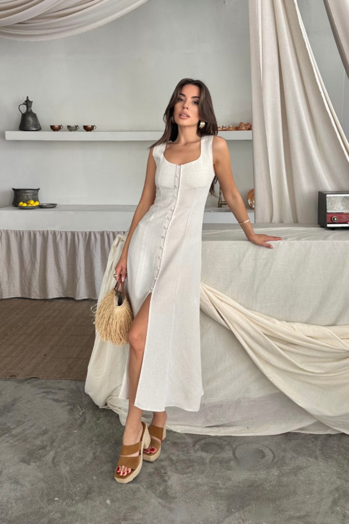 D&M Life Collection KETEN KOLSUZ KARE YAKA DÜĞME DETAYLI ELBİSE - Beyaz - M