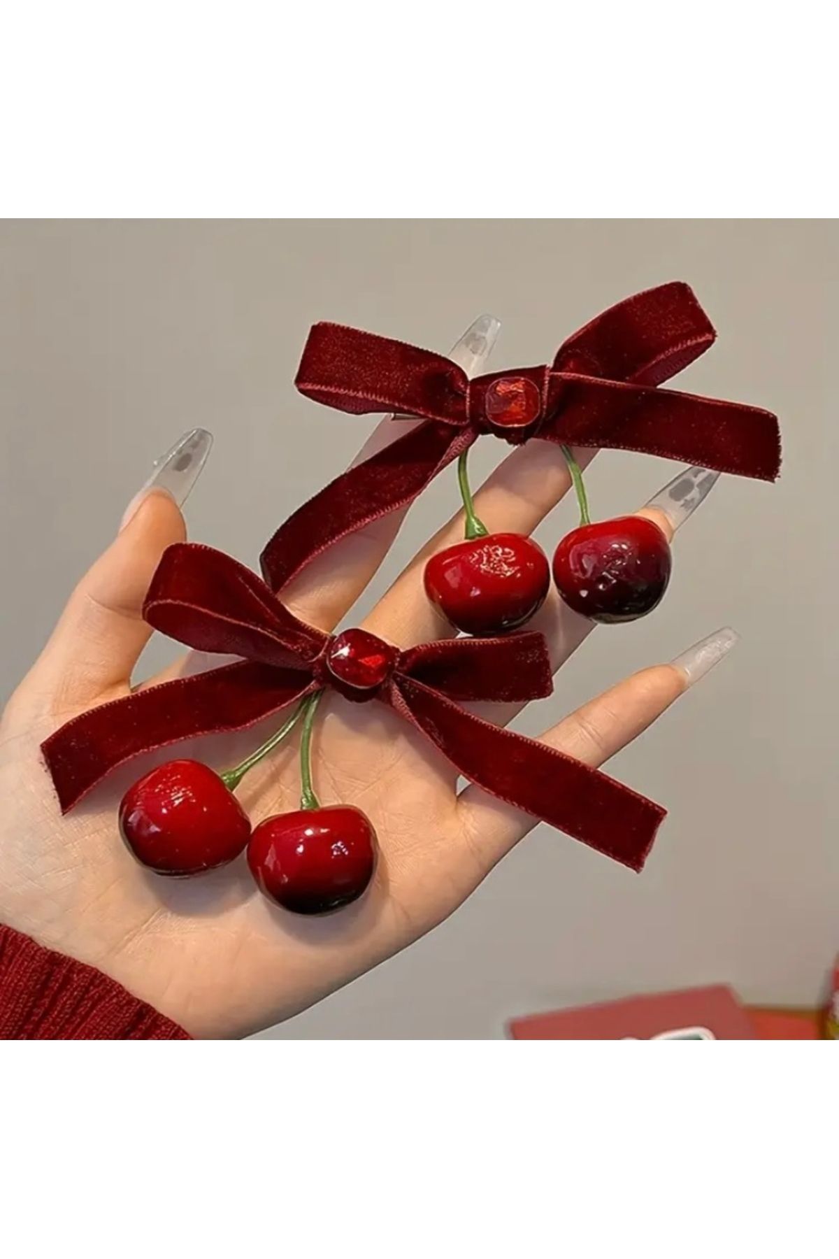 Accessories Vanilla Avenue Koyu Kırmızı 2 Adet Kiraz Kurdele Fiyonk Detaylı Kadın Toka