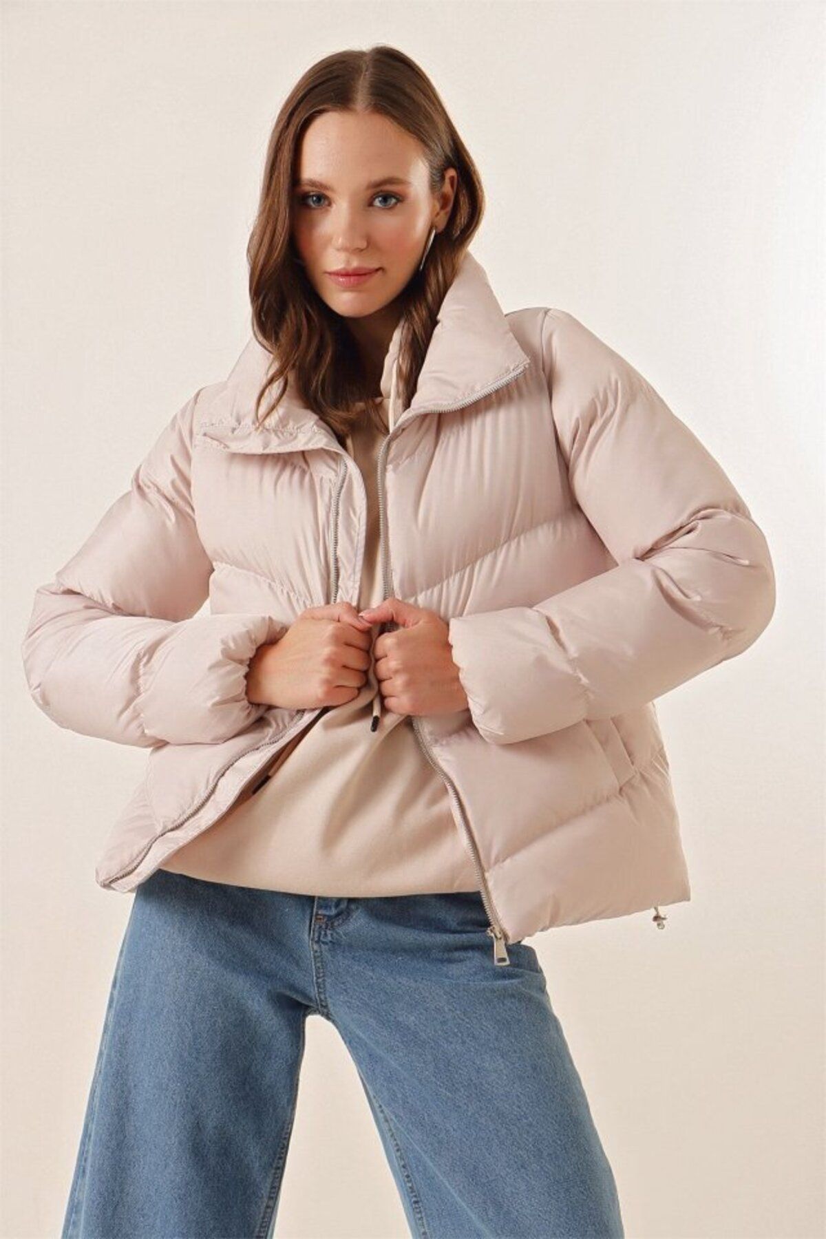 D&M Life Collection 5205 Dik Yaka Fermuarlı Şişme Mont - Bej - 40