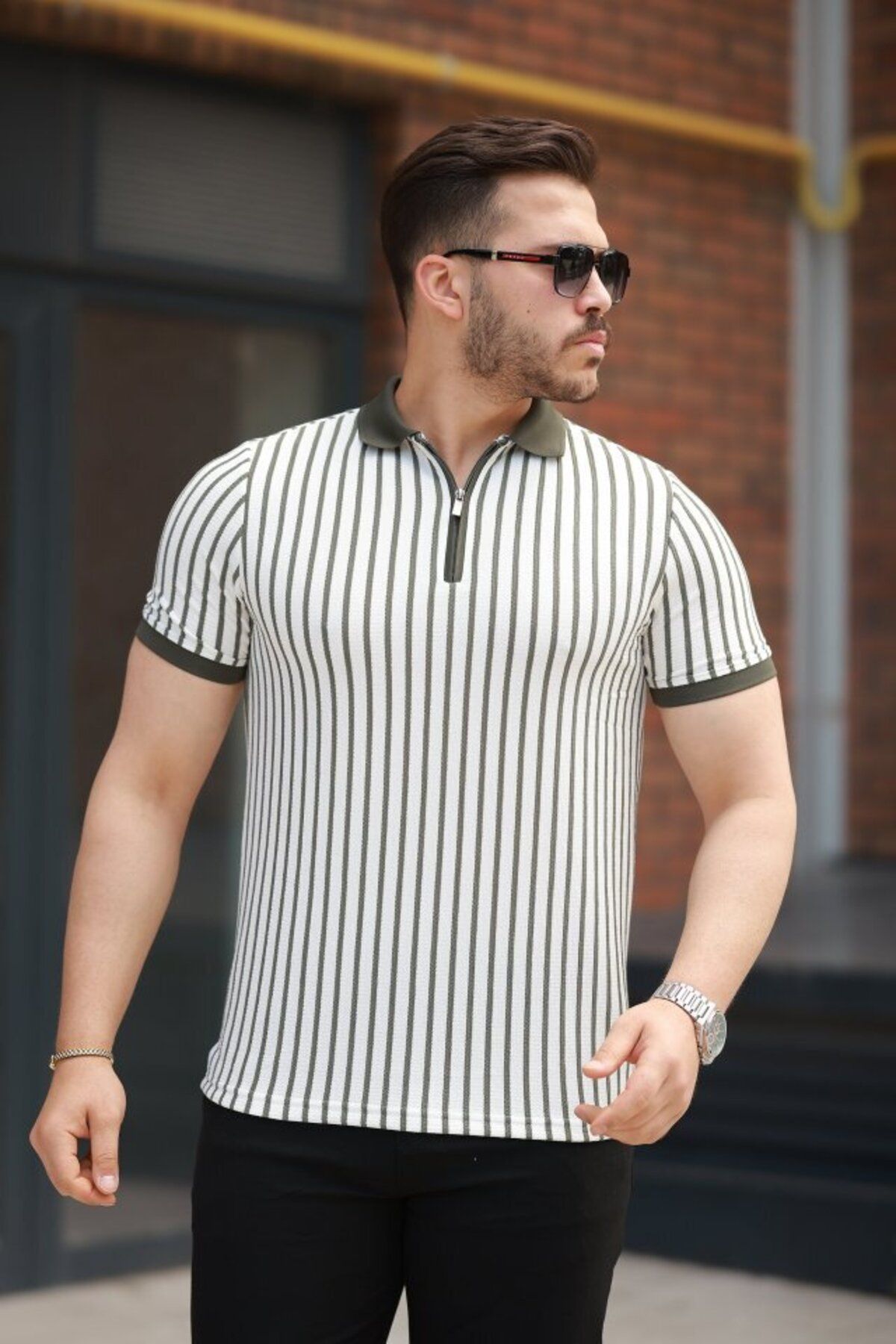 D&M Life Collection Erkek çizgili Fermuar Yakalı Kısa Kollu Tişört