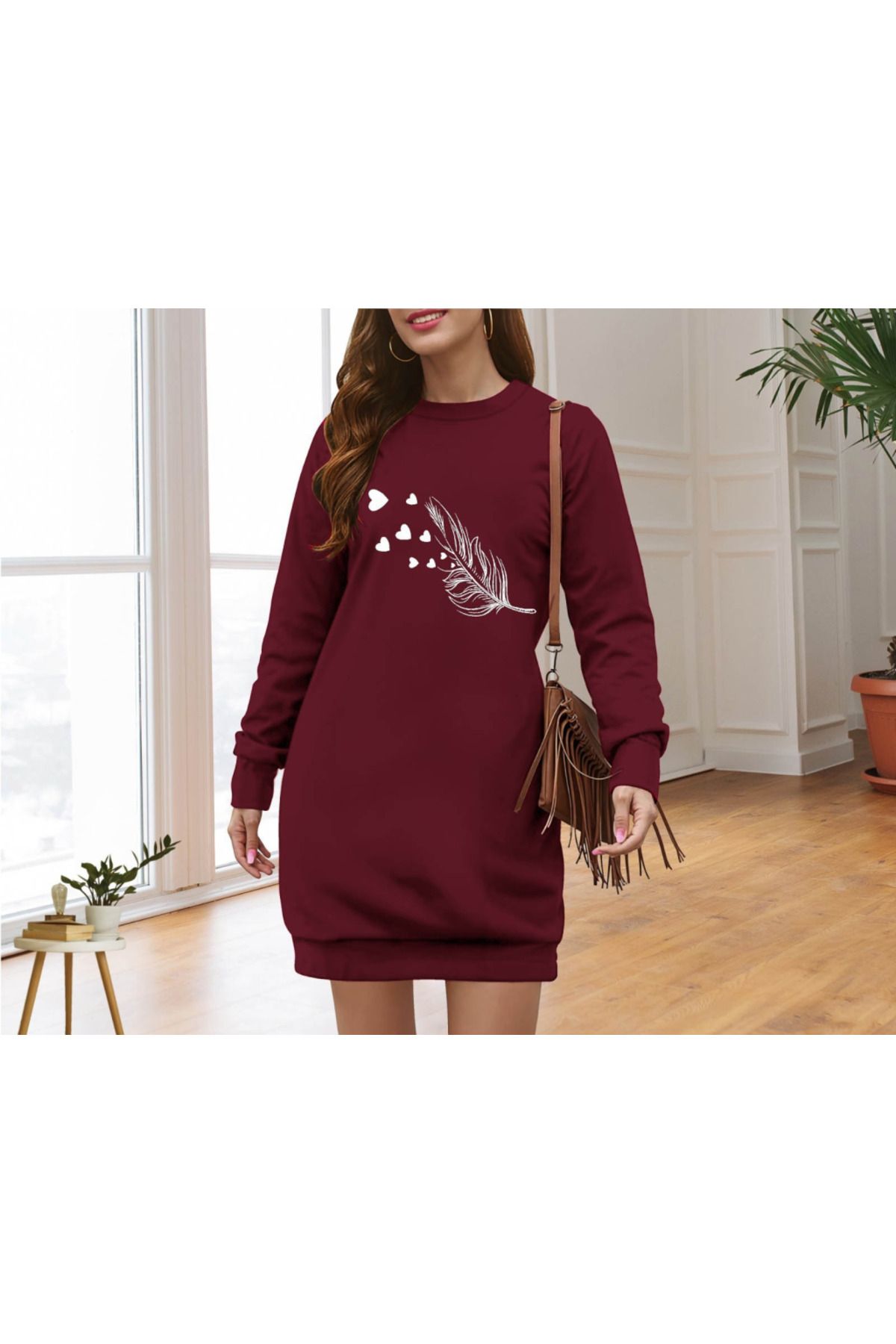 D&M Life Collection Kadın Uzun Kollu Bisiklet Yaka Desenli Viskon Iki Iplik Elbise