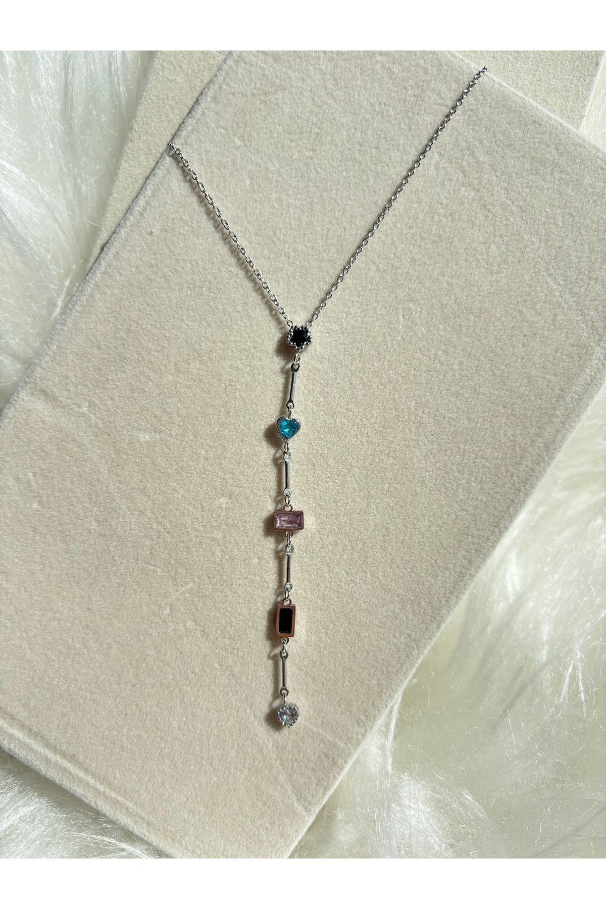 denars jewelry Y Kolye Zirkon Taşlı Kararmaz Çelik Gümüş Kolye