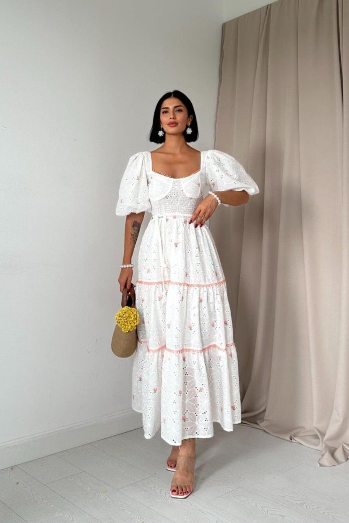 D&M Life Collection Pudra Dantel Detaylı Brode Elbise - L - Pudra