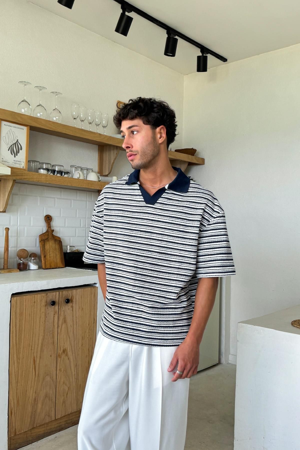 Flaw Wear Lacivert Polo Yaka Dokuma Çizgili Tişört