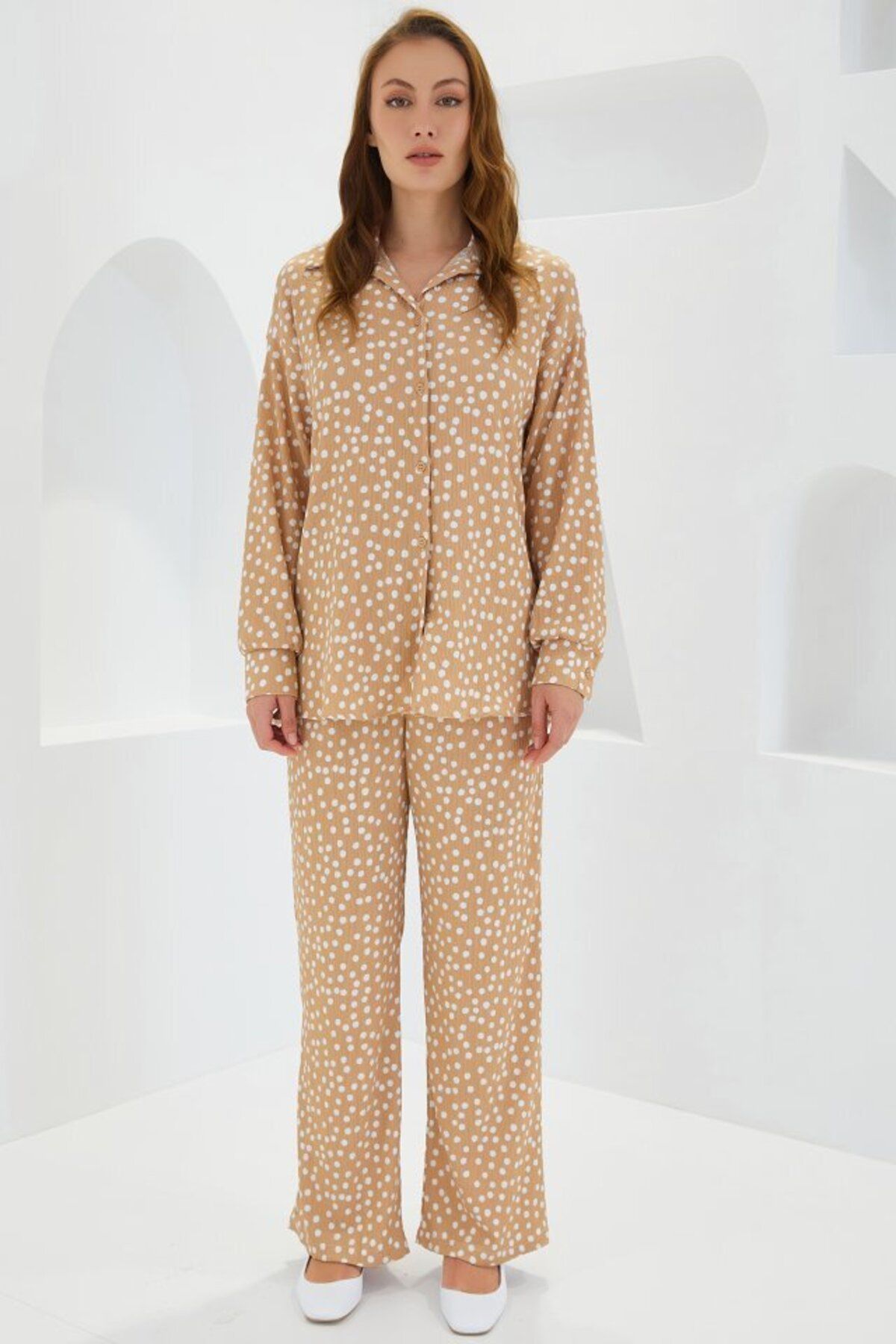 D&M Life Collection Puantiyeli Bej Ekru Örme İkili Takım 5858 - 42 - Bej