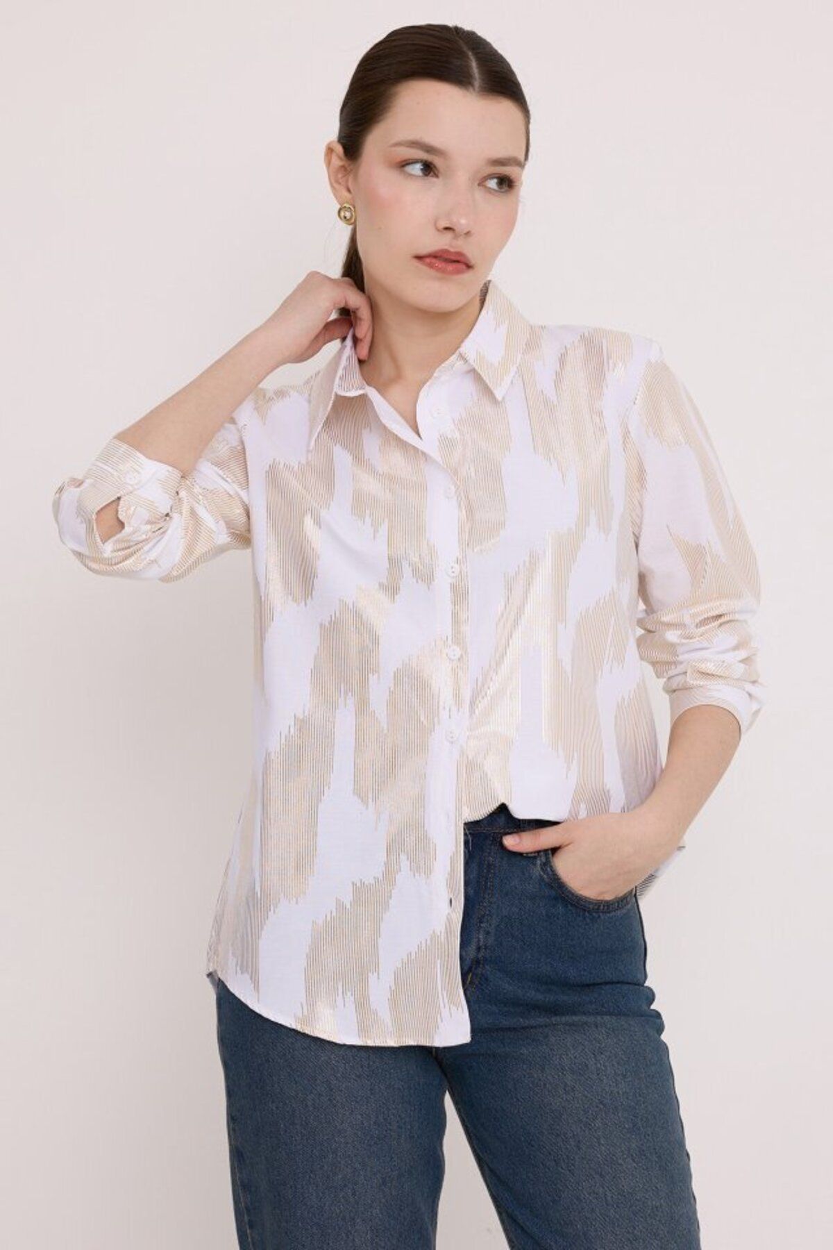 D&M Life Collection Beyaz Gold Varak Desenli Gömlek 20253 - 38 - A.beyaz