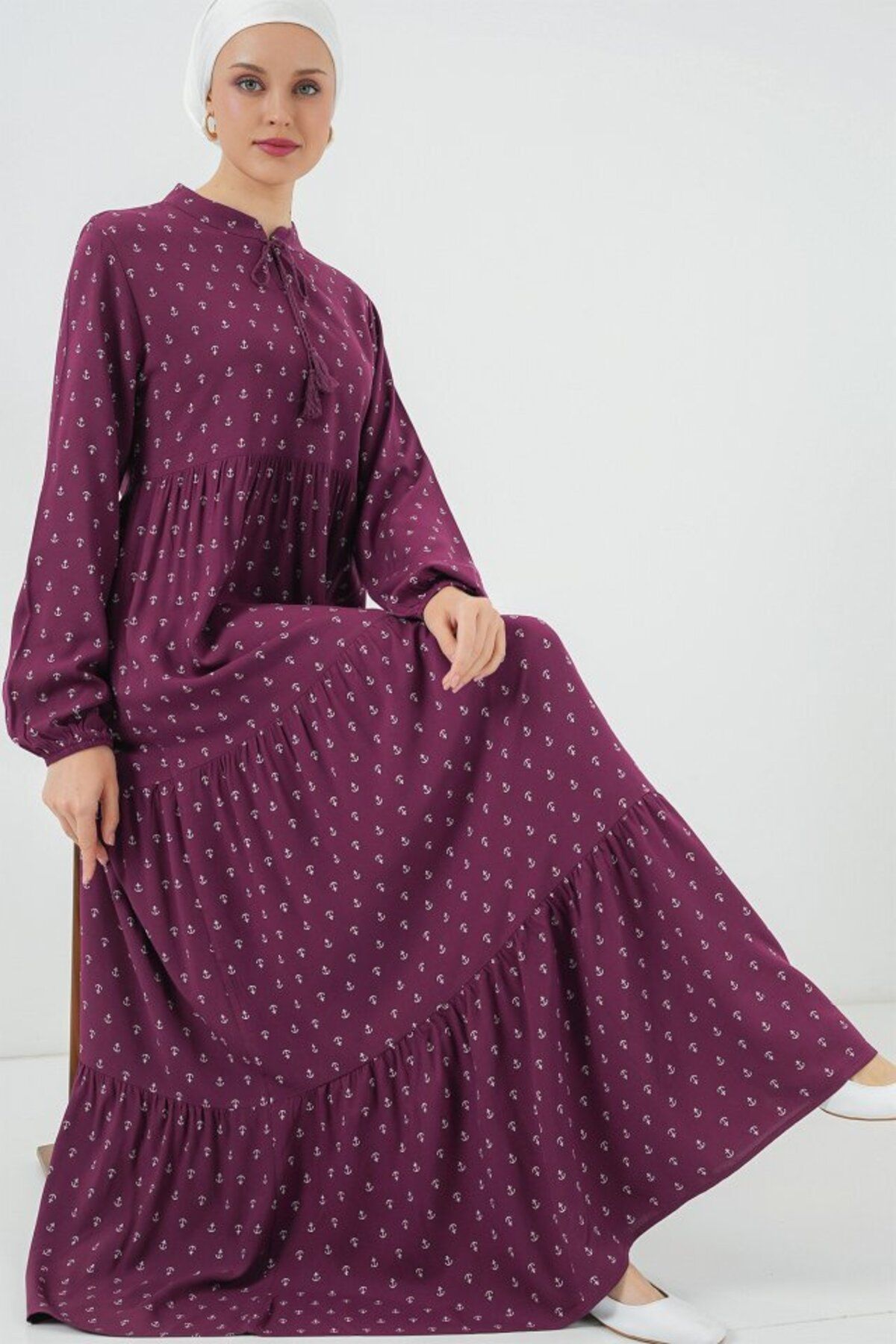 D&M Life Collection 1627 Yaka Bağcıklı Tesettür Elbise - Çapa Mor - 38