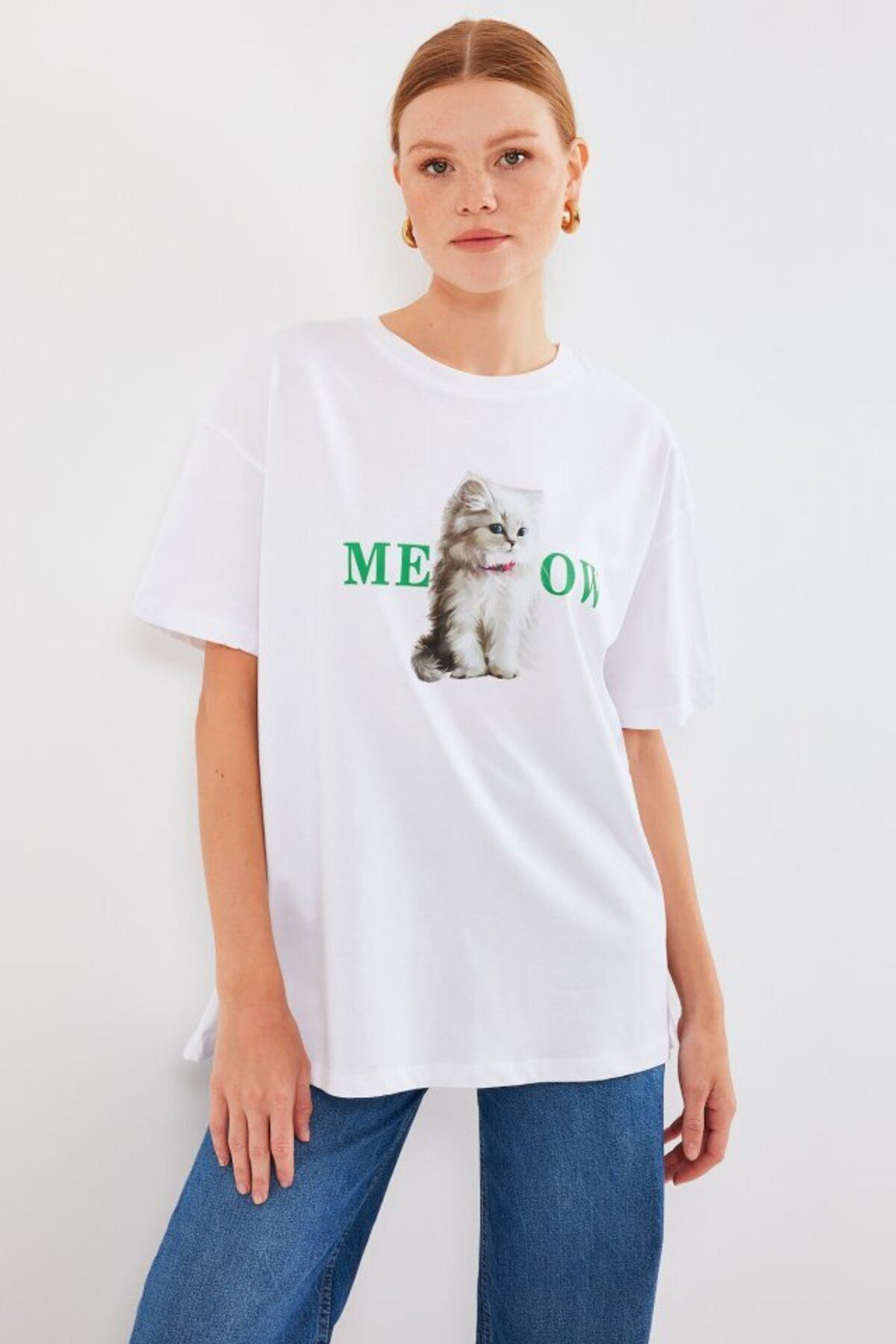 D&M Life Collection 4319 Baskılı Oversize Tişört - Beyaz - 40