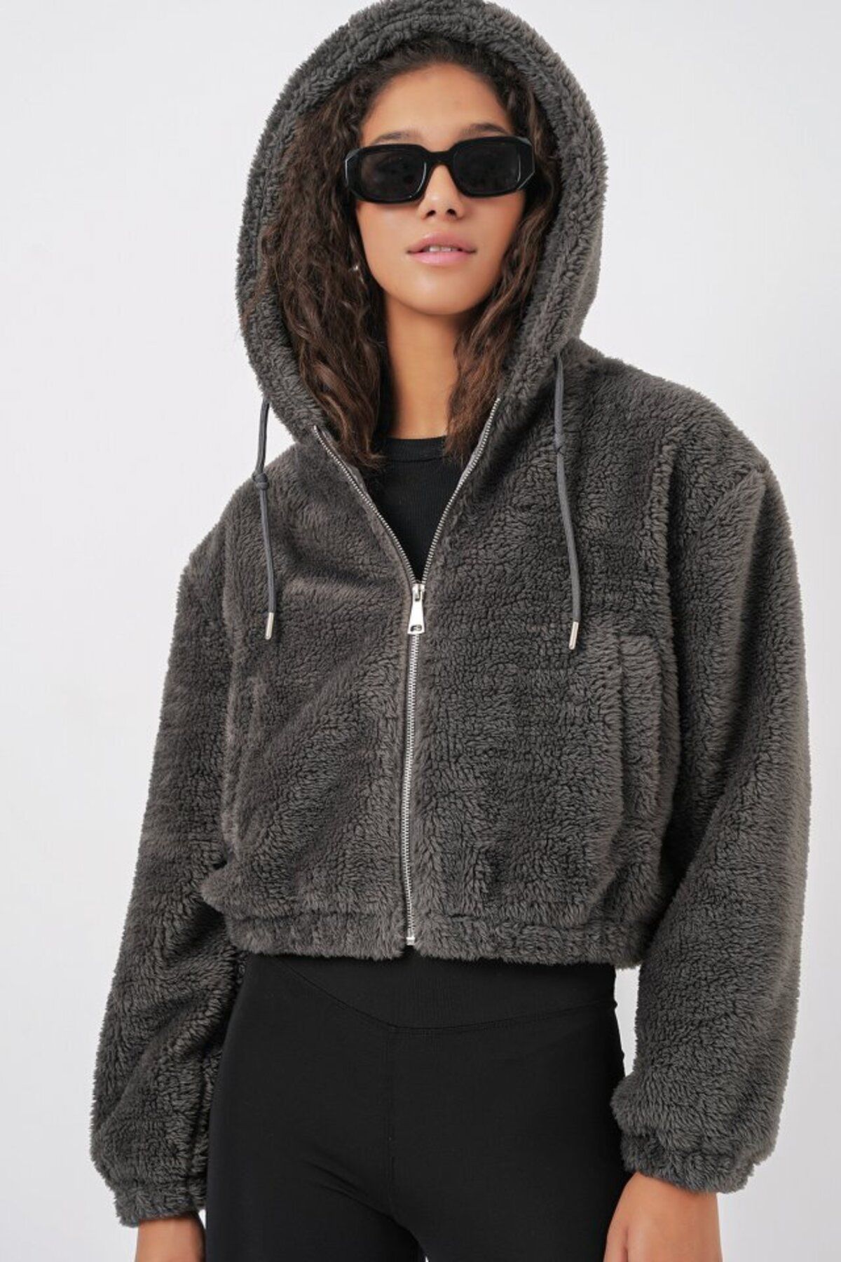 D&M Life Collection 5193 Kapüşonlu Peluş Crop Ceket - Antrasit