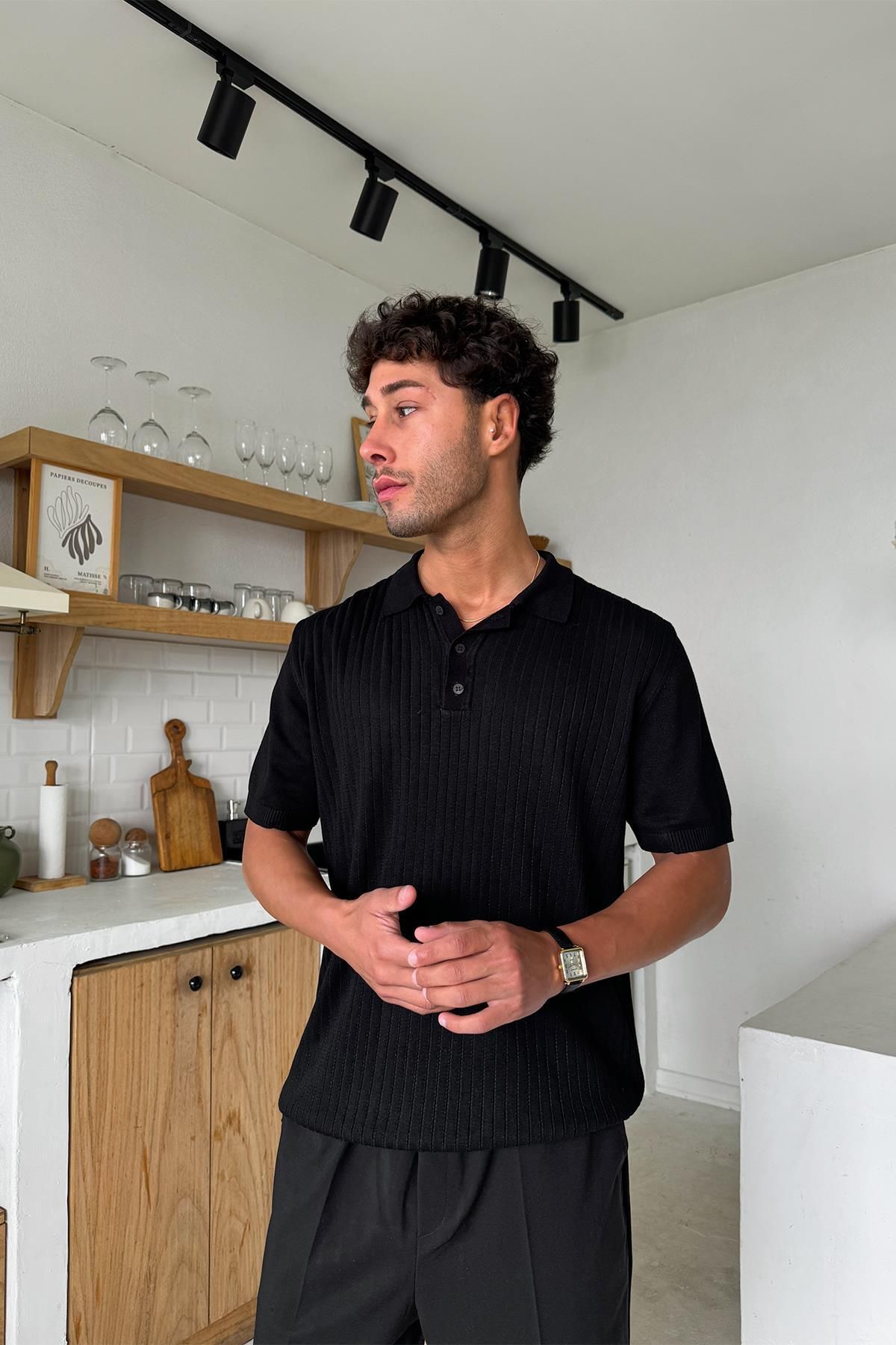 Flaw Wear Siyah Polo Yaka Çizgili Triko Regular Tişört