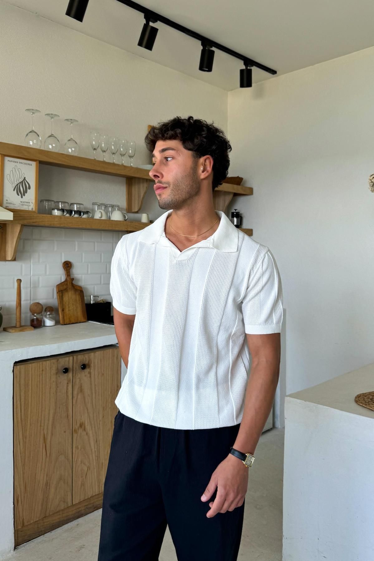Flaw Wear Ekru Polo Yaka Çizgi Detaylı Triko Tişört