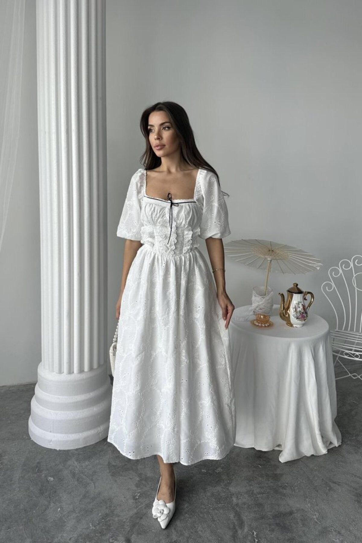 D&M Life Collection Beyaz Dantel Detaylı Brode Elbise - M - Beyaz