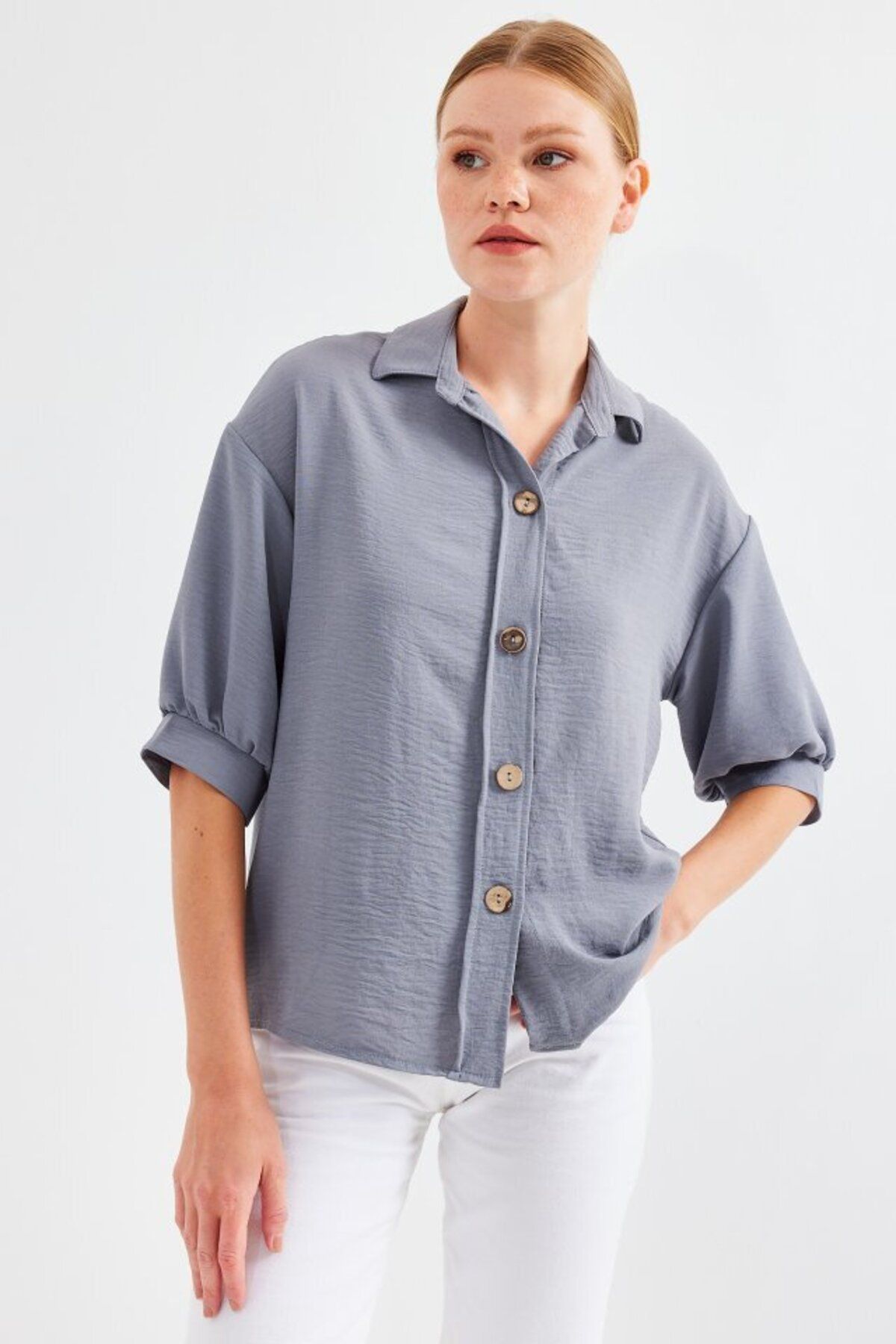 D&M Life Collection Kısa Kol Oversize Keten Gömlek 20240 - Gri