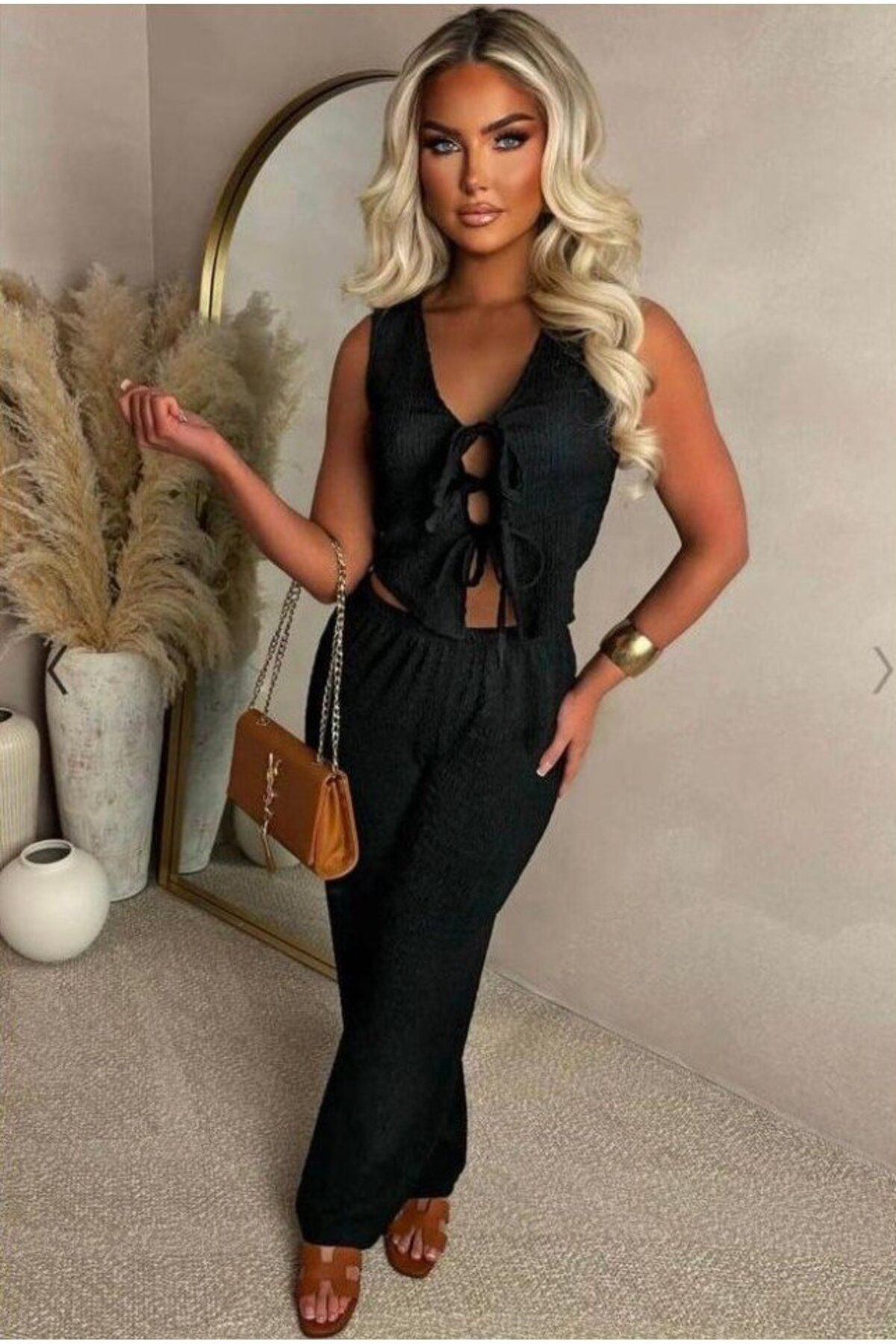 D&M Life Collection Kadın Ital Piliseli Kumaş önde Bağcık Detaylı Takım