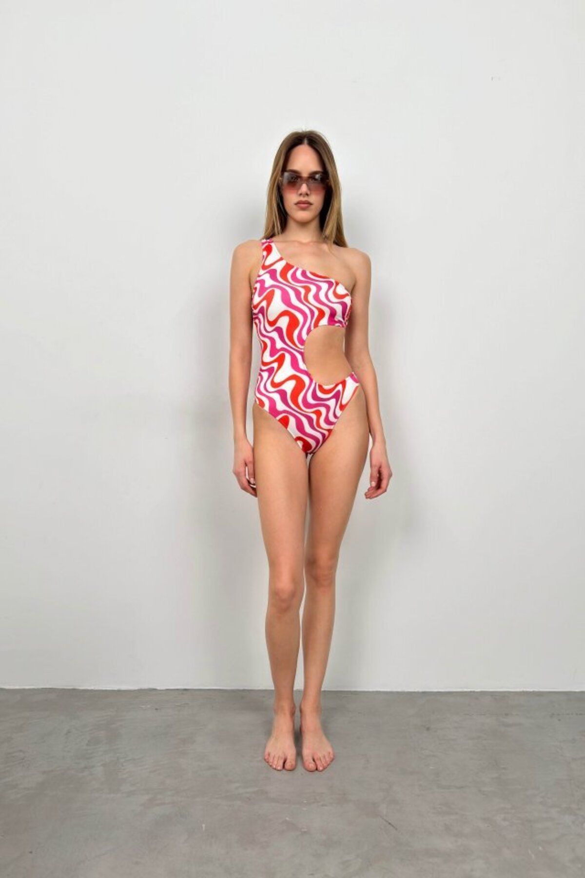 D&M Life Collection Tek Omuz Desenli Mayokini - M - Pembe