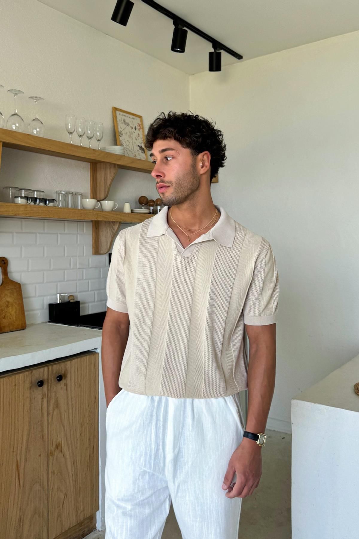 Flaw Wear Krem Polo Yaka Çizgi Detaylı Triko Tişört