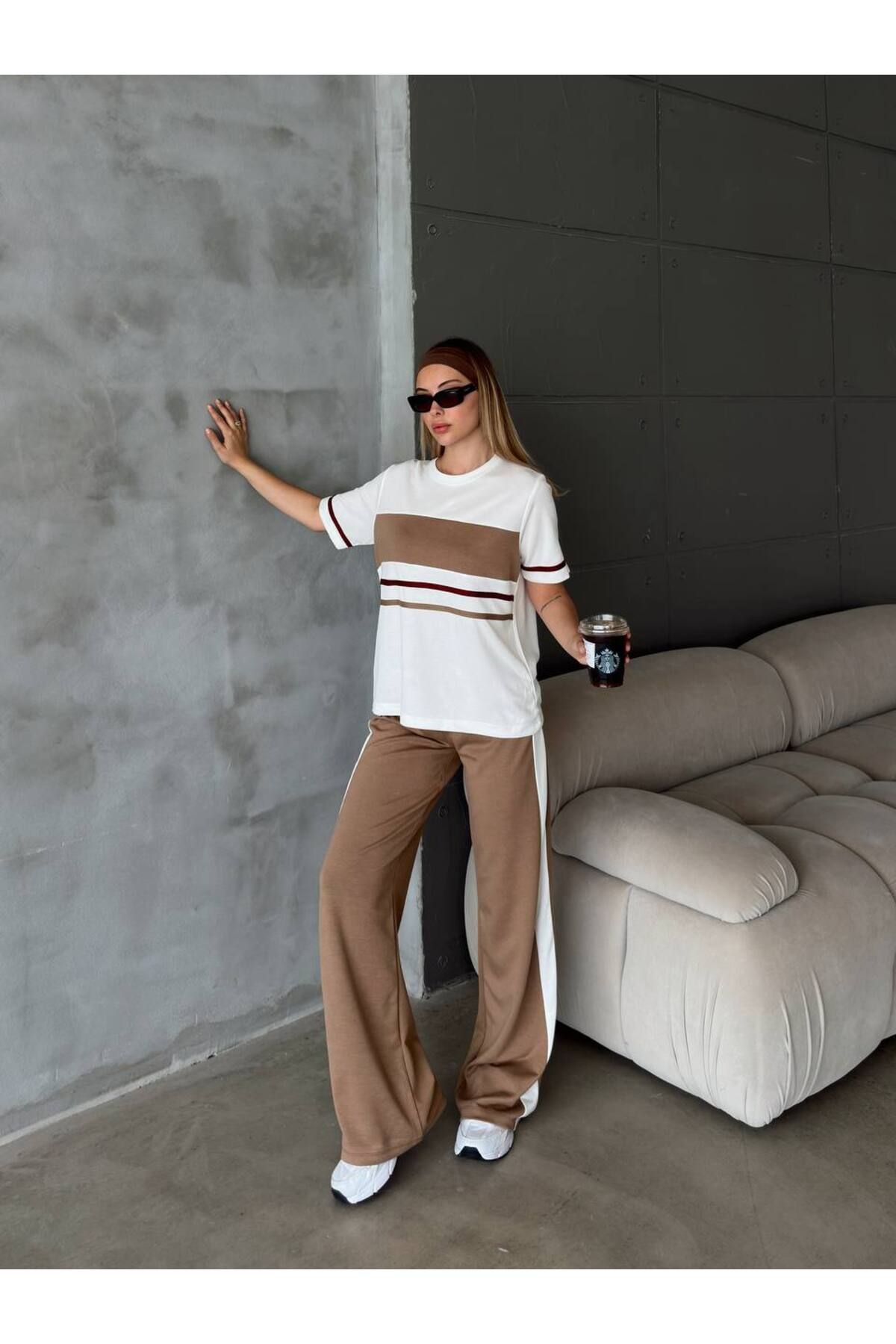 Gameyal Kadın Modal Kumaş Şerit Detaylı Tişört Pantolon Takım