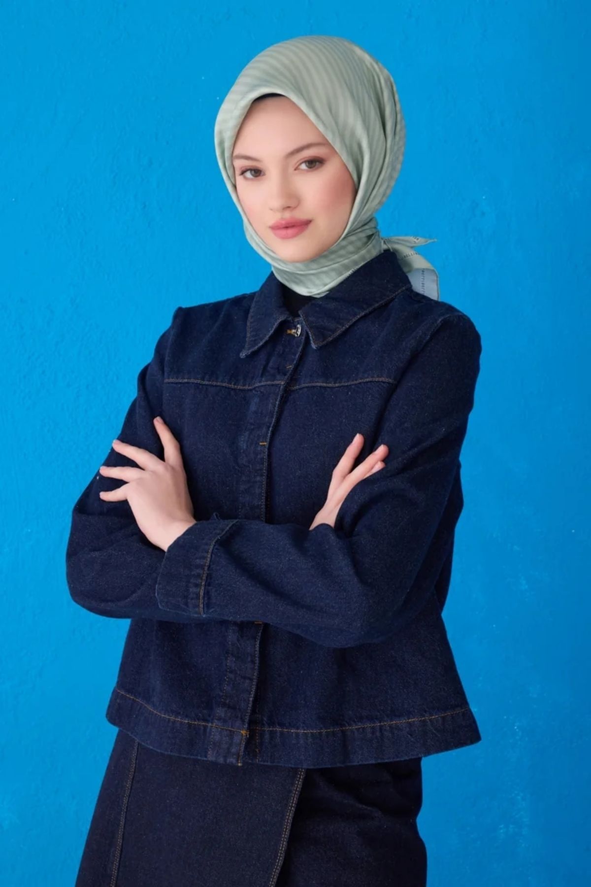 Belli Twill İpek Eşarp 4115D Çizgili Desen Çay Yeşili-34