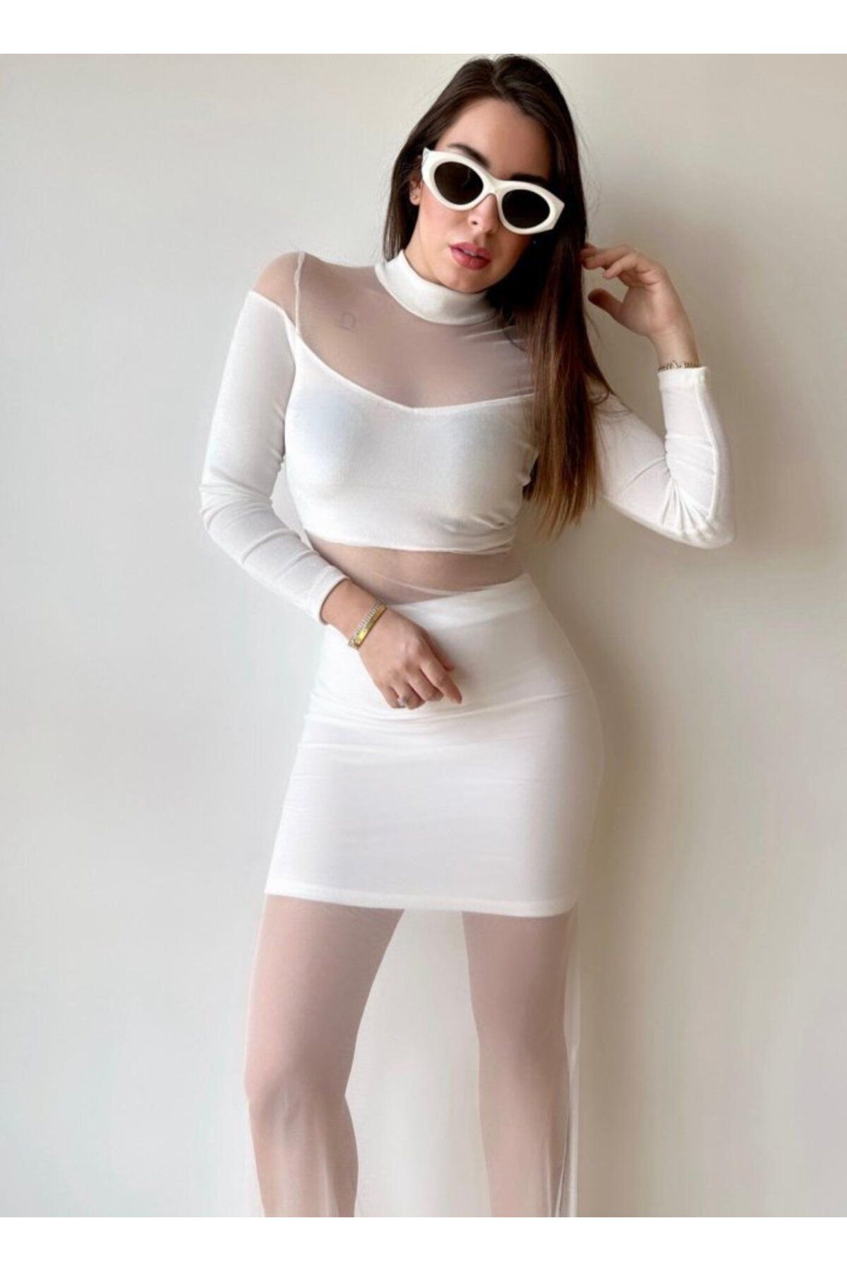 D&M Life Collection Kadın Balıkçı Yaka Transparan Dekolteli Fırsat ürün Elbise - L - Beyaz