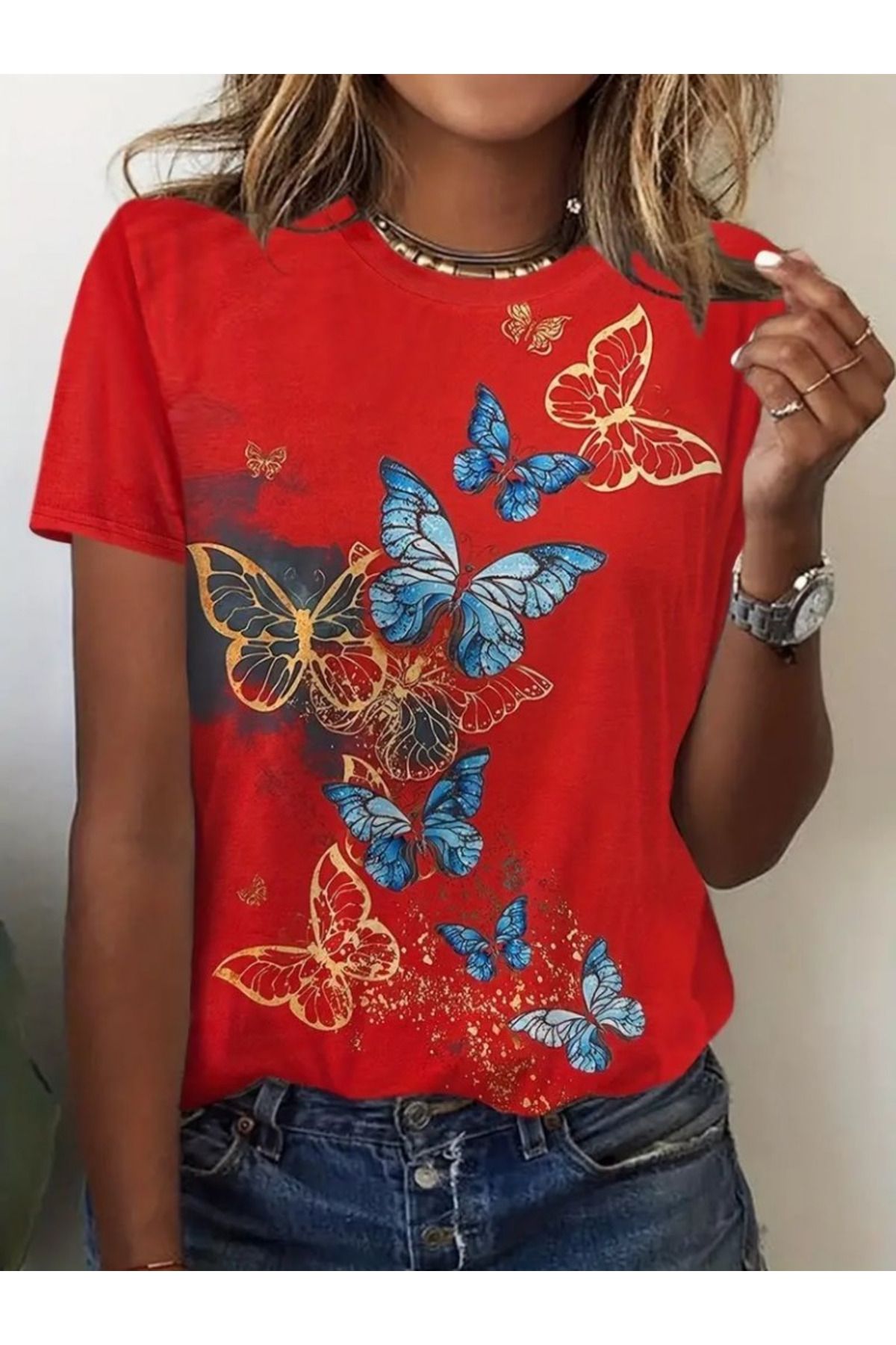 D&M Life Collection Kadın Kısa Kollu Mavi Sarı Kelebek Baskı Süprem Bluz