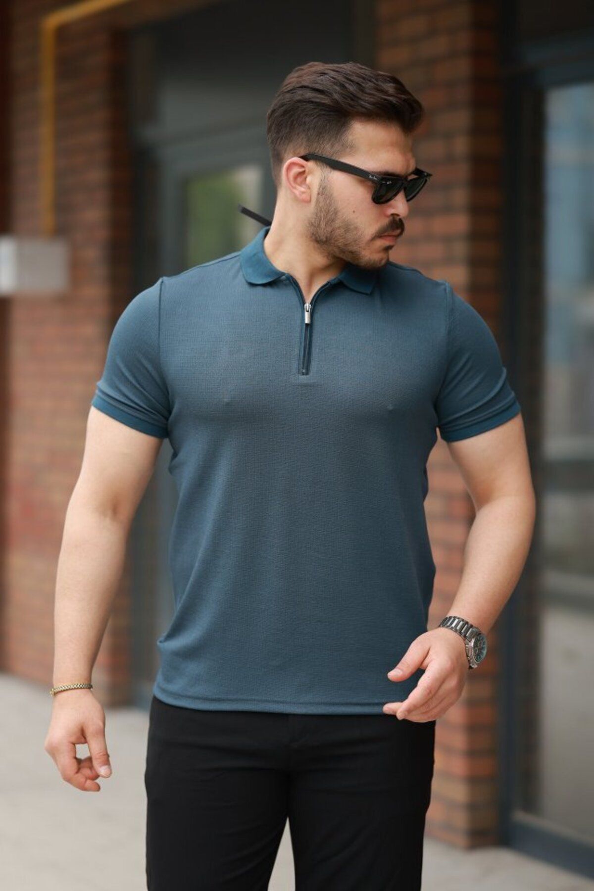 D&M Life Collection Erkek Fermuarlı Yaka Kısa Kollu Tişört - 2XL - Petrol