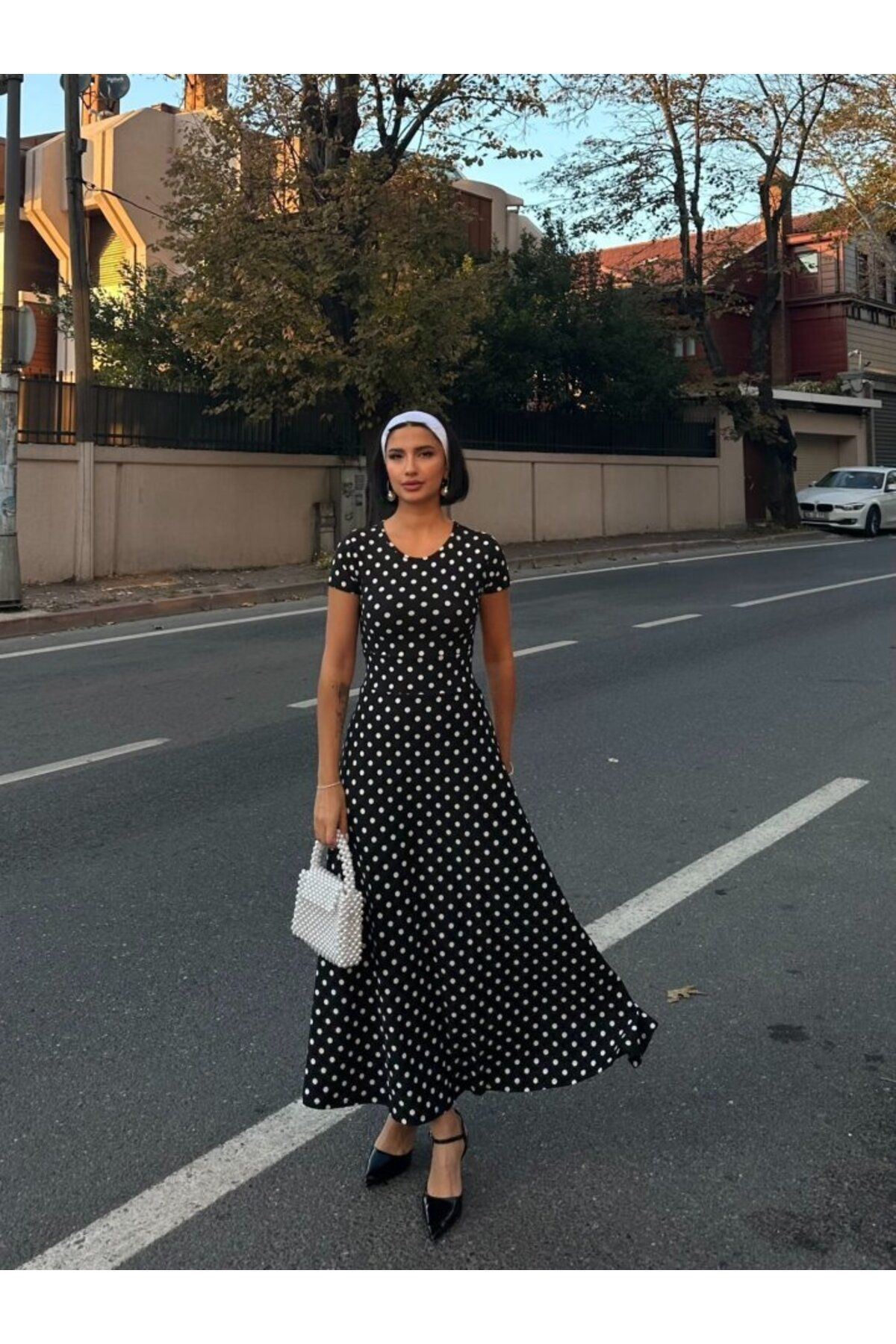 D&M Life Collection Kadın Kısa Kollu Bisiklet Yaka Puantiyeli Maksi örme Krep Elbise - L-XL - Siyah