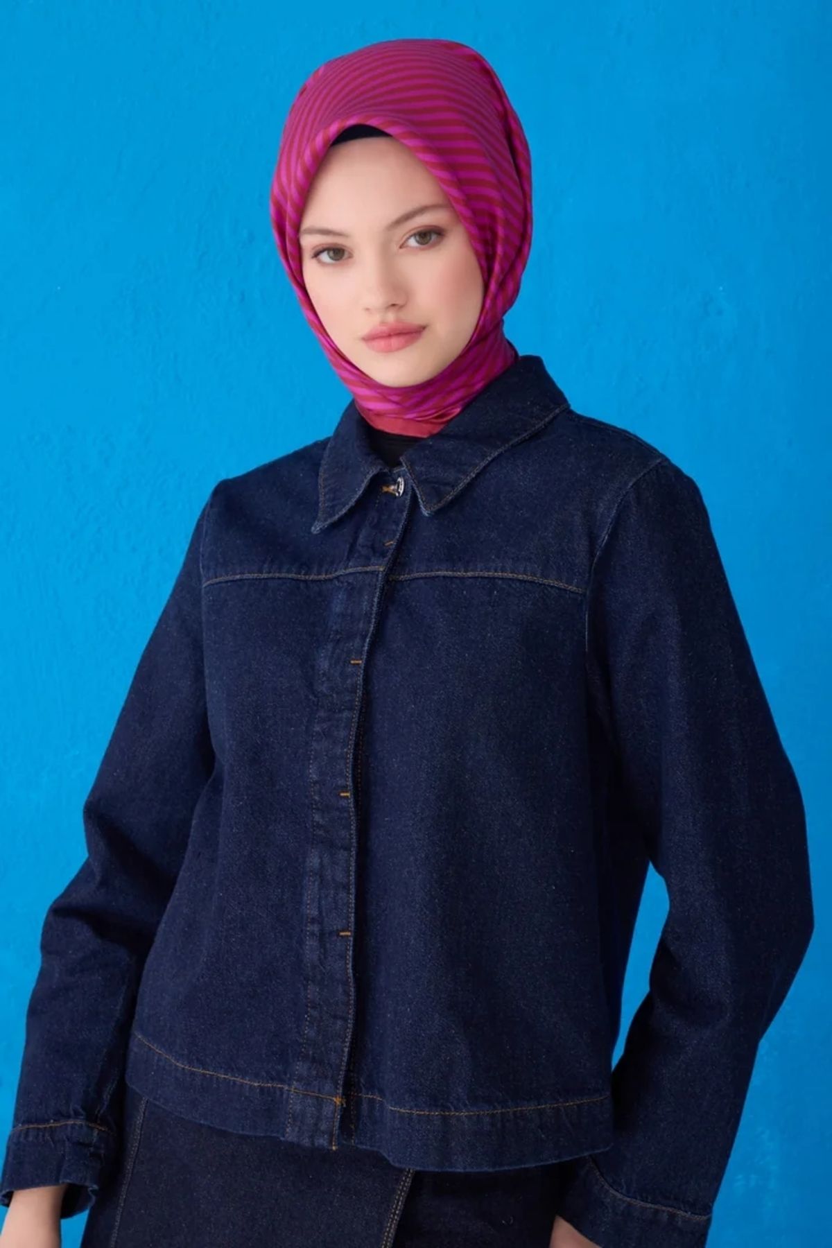 Belli Twill İpek Eşarp 4115D Çizgili Desen Koyu Mercan-Fuşya-86