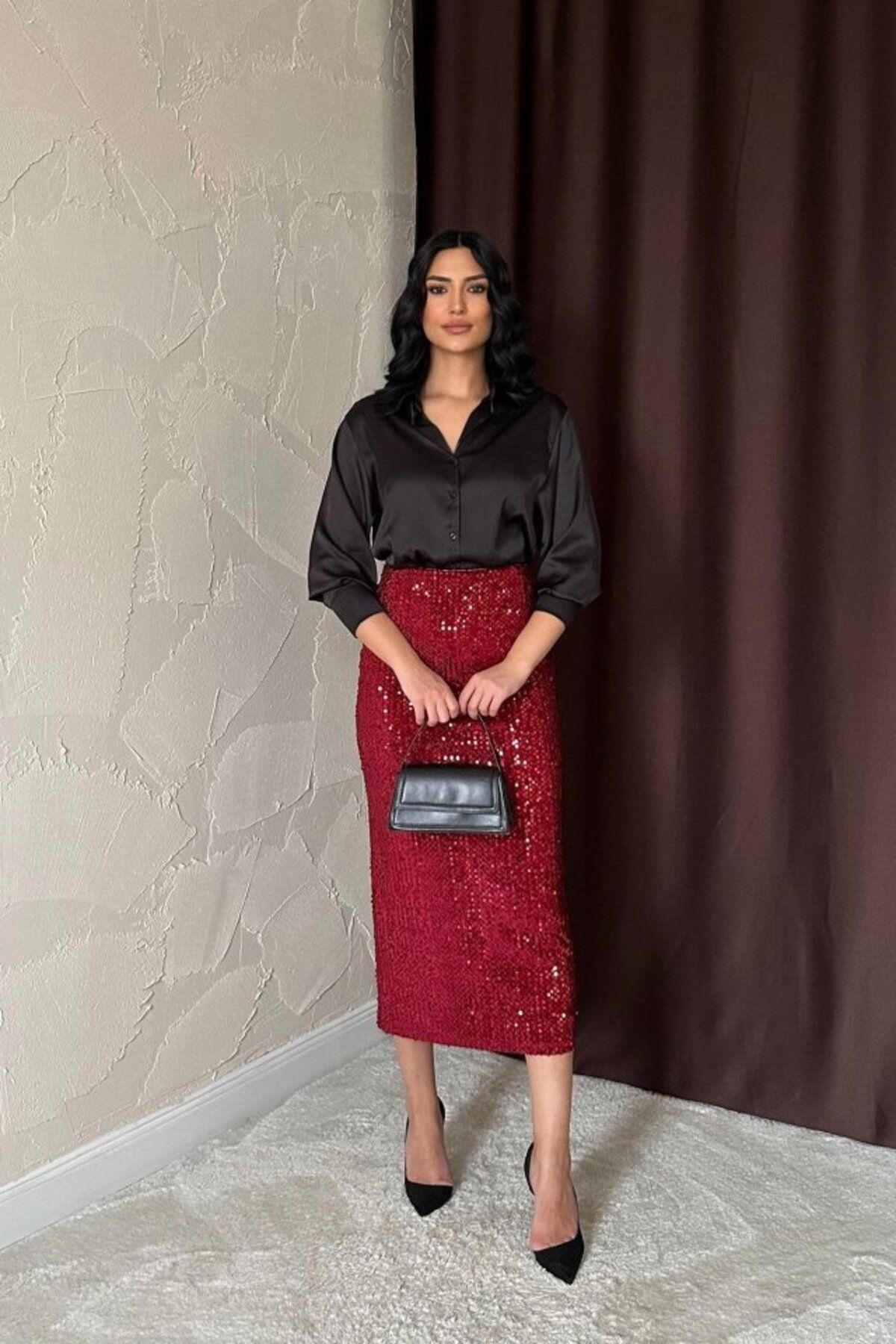 D&M Life Collection Bordo Pulpayetli Parlak Etek - M - Bordo