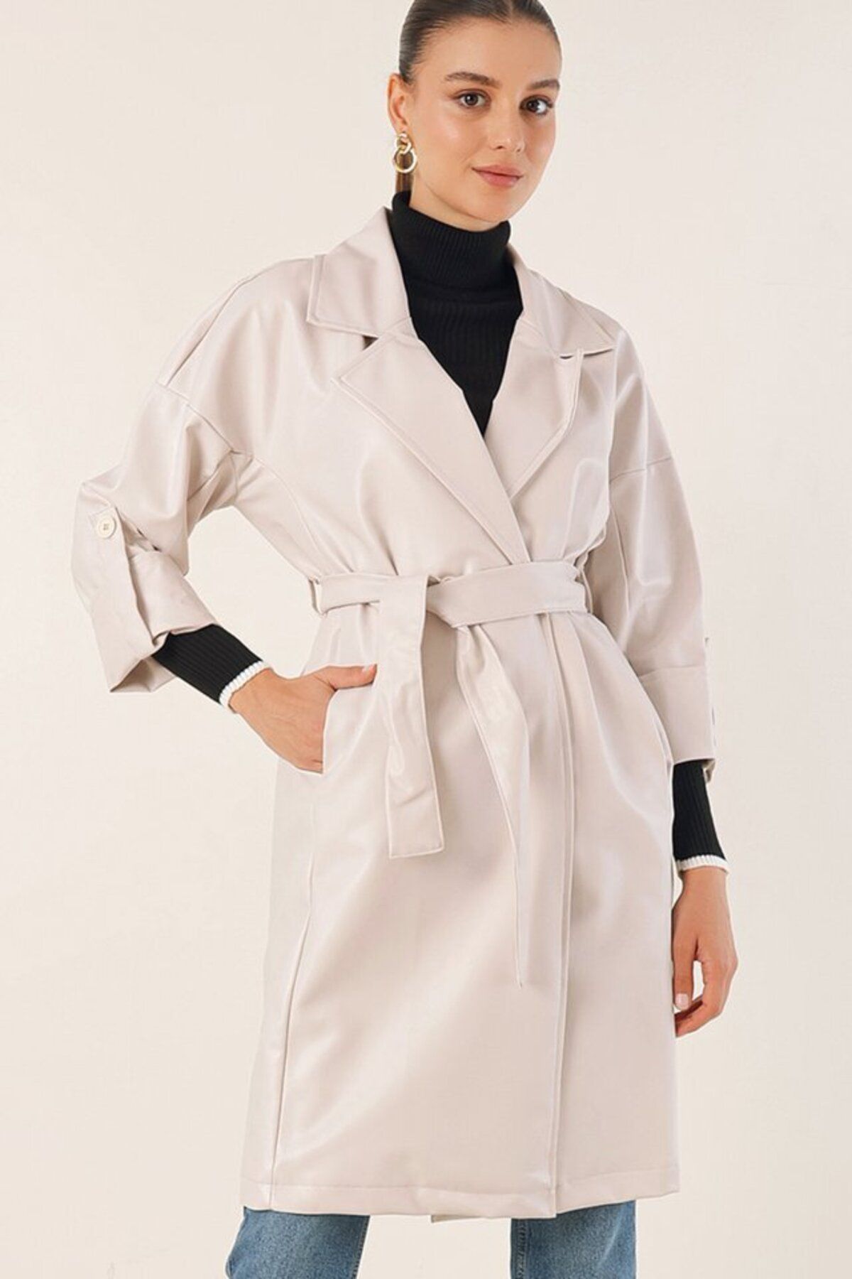 D&M Life Collection 1034 Kuşaklı Suni Deri Trençkot - Ekru - 42