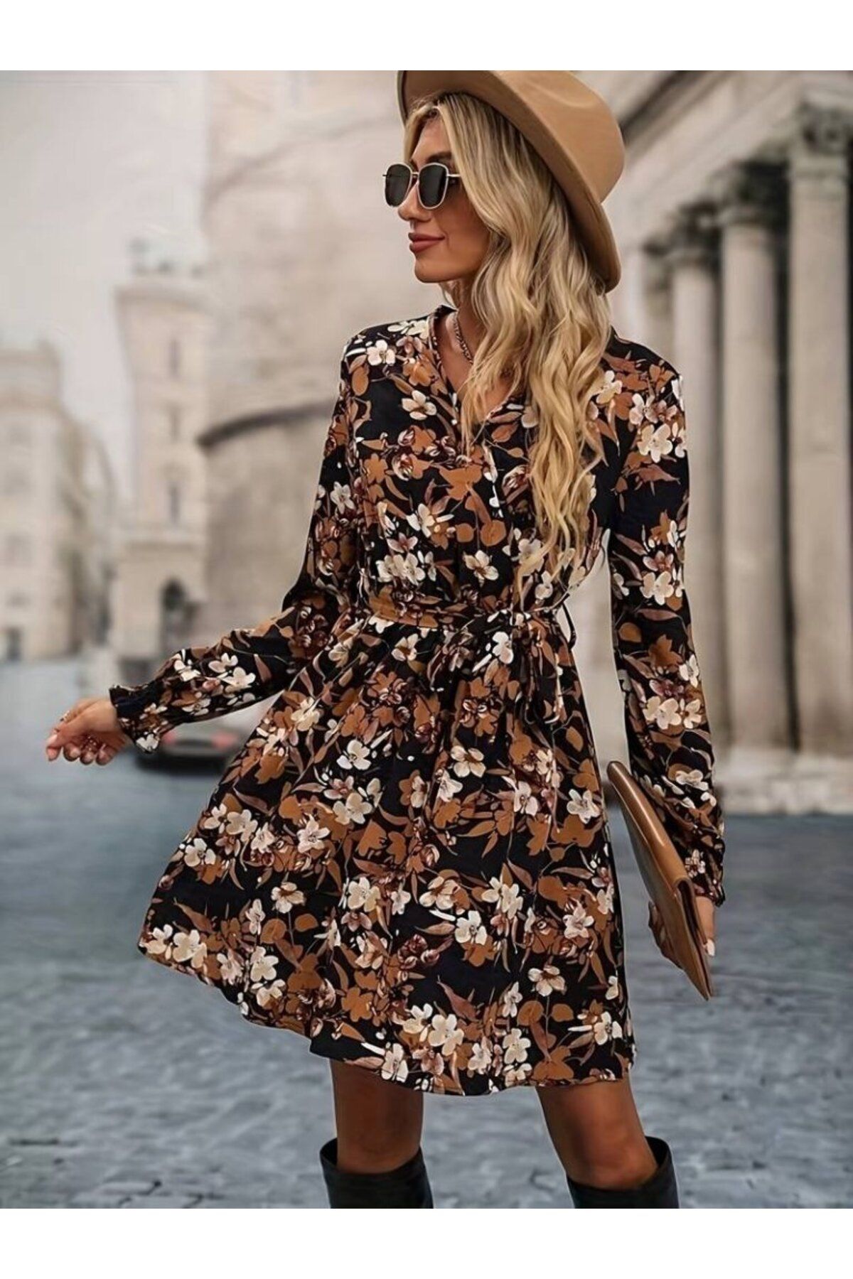 D&M Life Collection Kadın Uzun Kollu Kruvaze Yaka çiçek Desenli Dalgıç Elbise