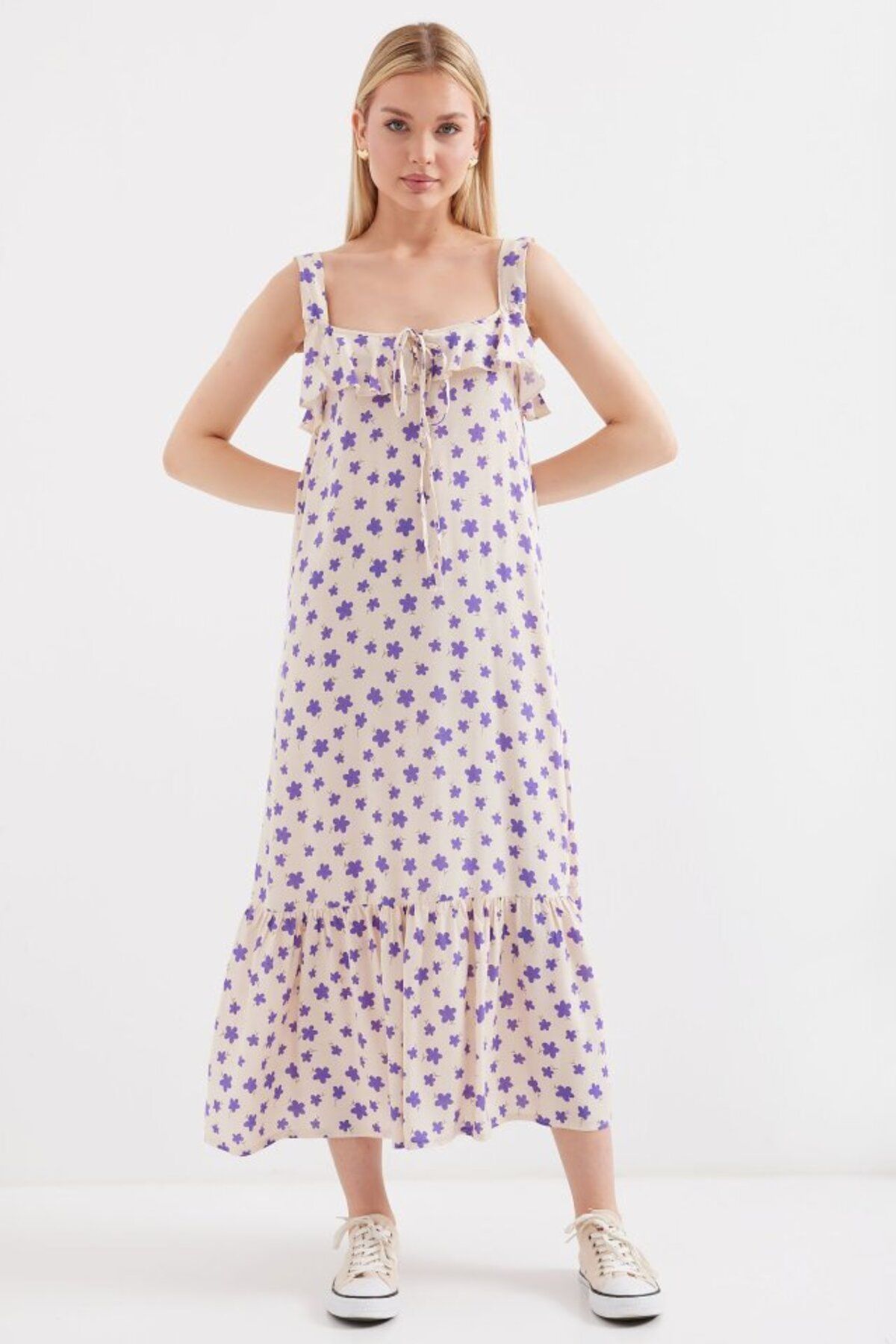 D&M Life Collection 2237 Desenli Askılı Viskon Elbise - Lila - 40 - Lila