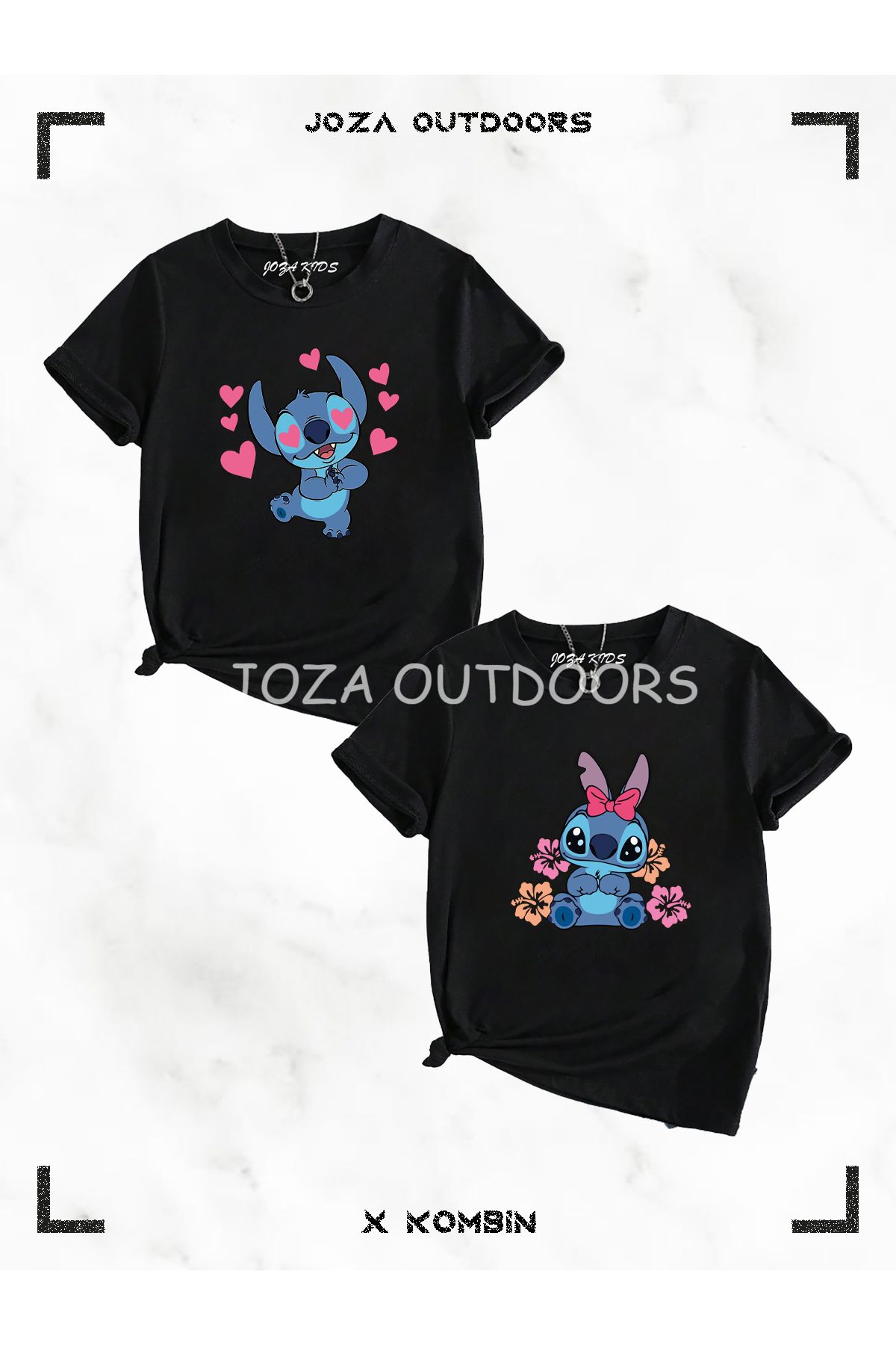 Jobia Outdoors Unisex Erkek Kız Lilo Stitch Baskılı Çocuk 2'li Siyah Beyaz T-shirt Set Takım