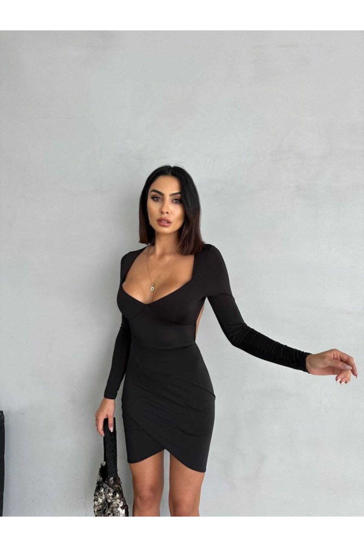 D&M Life Collection Kadın Uzun Kollu Göğüs Ve Sırt Dekolteli Kruvaze Etek Detay Fırsat ürün Mini Elbise - L - Siyah