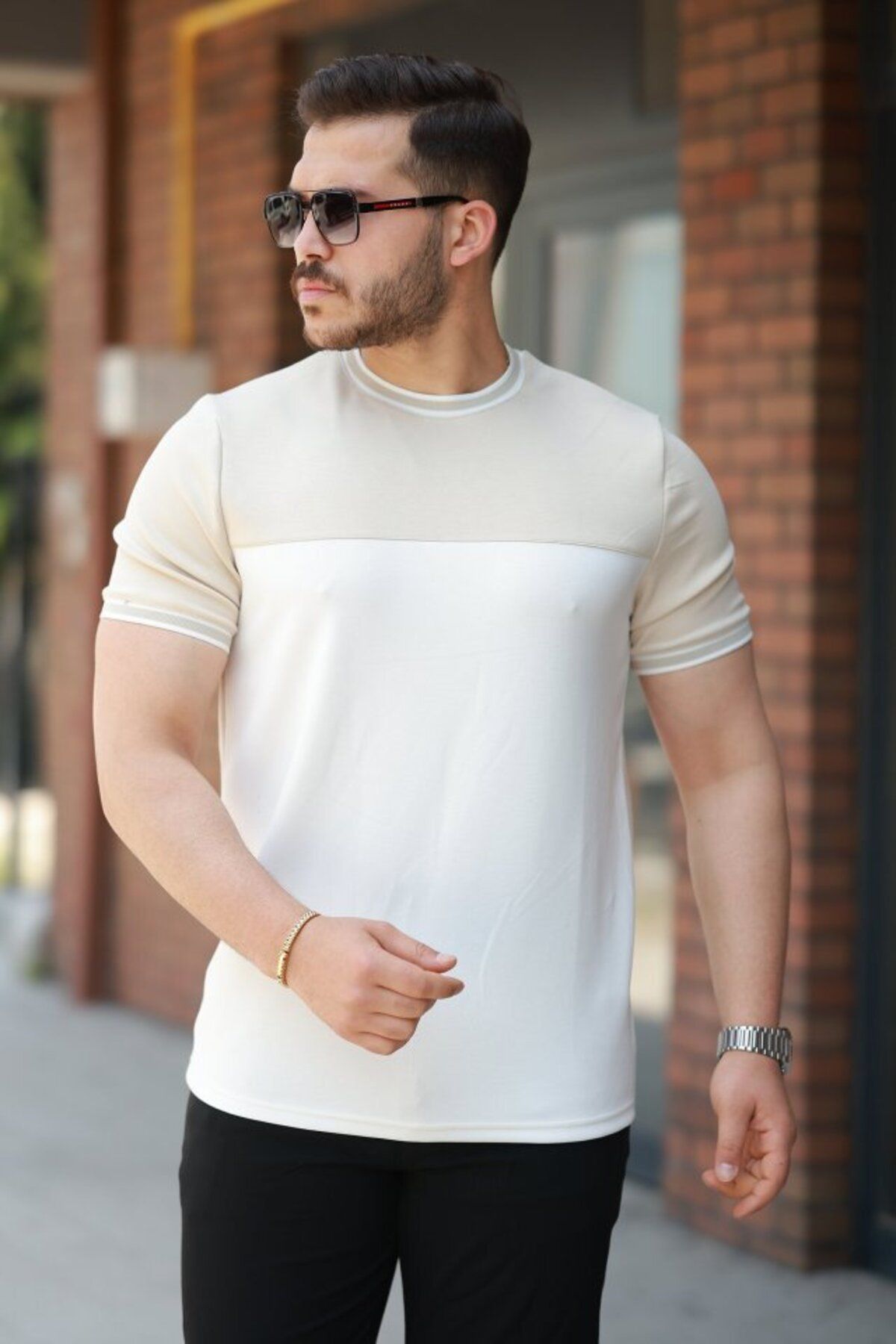 D&M Life Collection Erkek Parçalı Renk Kısa Kollu Tişört - M - Kemik