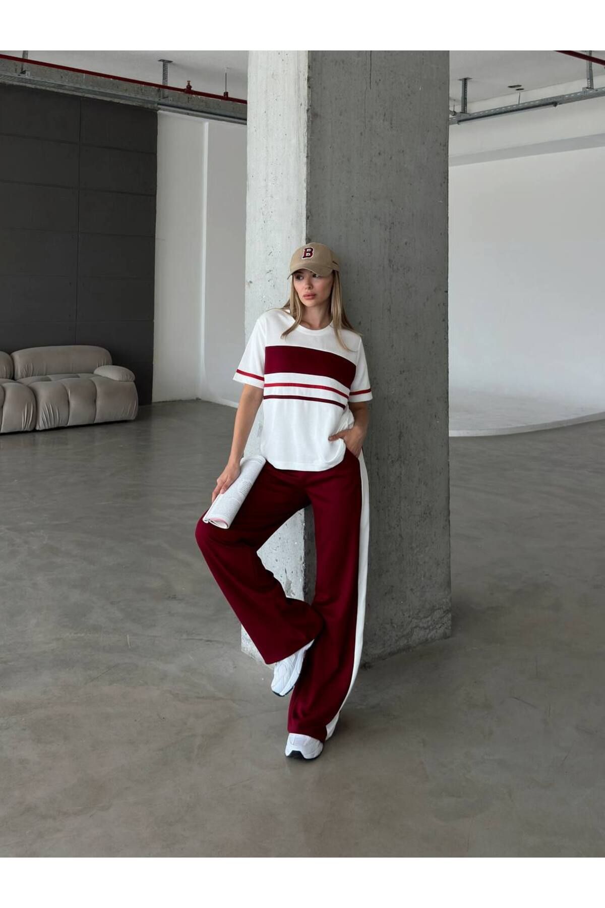 YONEZ MODA Kadın Modal Kumaş Şerit Detaylı Tişört Pantolon Takım