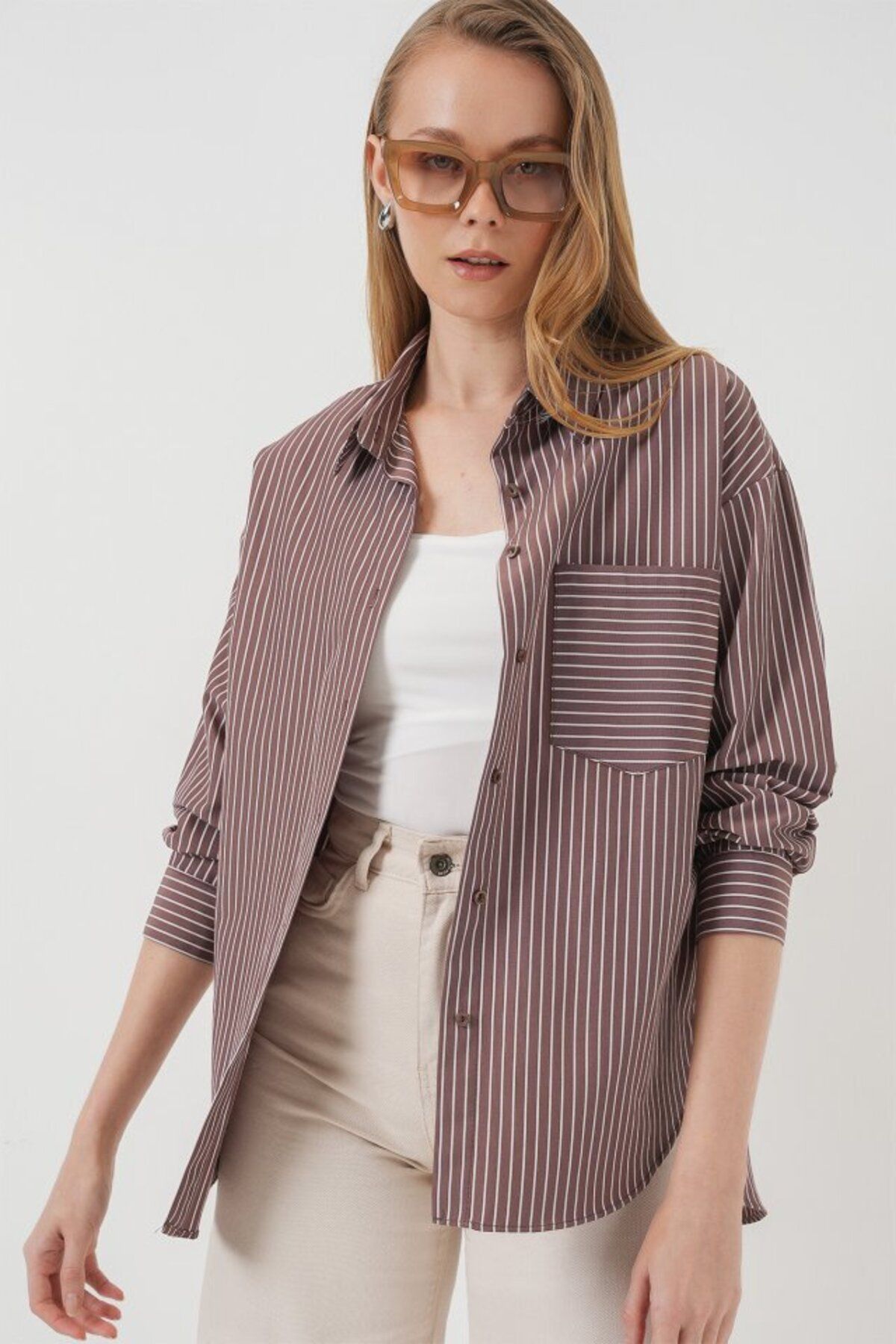 D&M Life Collection 20205 Çizgili Oversize Gömlek - Kahverengi - 42