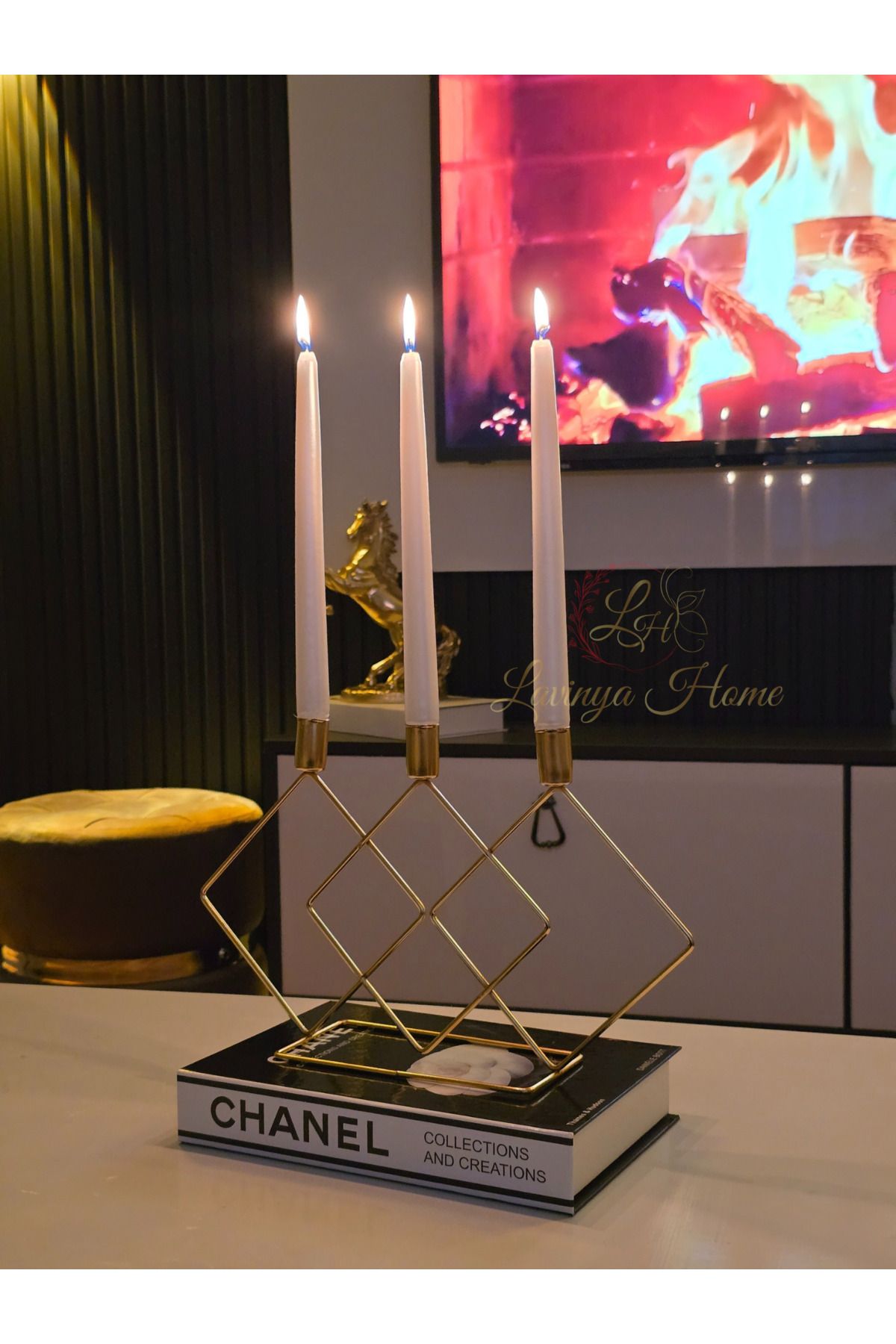LH Lavinya Home Şamdan 3’lü Gold Tel Tasarım | Dekoratif Metal Masa & Konsol Aksesuarı