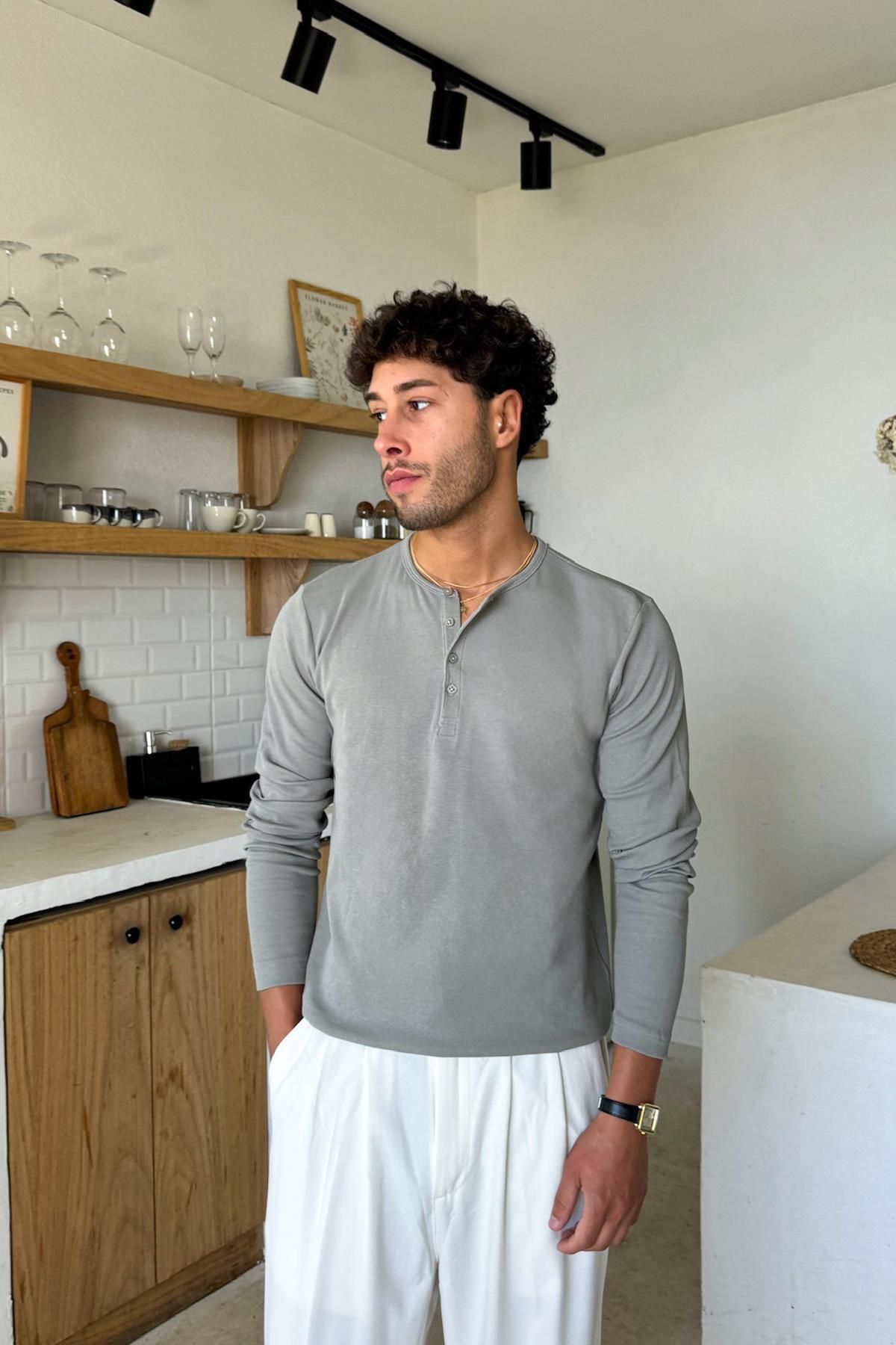 Flaw Wear Gri Düğmeli Uzun Kol Tişört