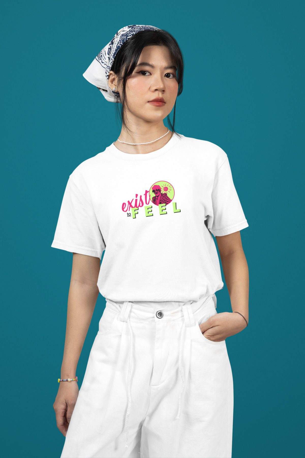Was Plus Unisex Beyaz Oversize %100 Pamuklu "Exist to Feel" Retro Pop Art Baskılı T-shirt