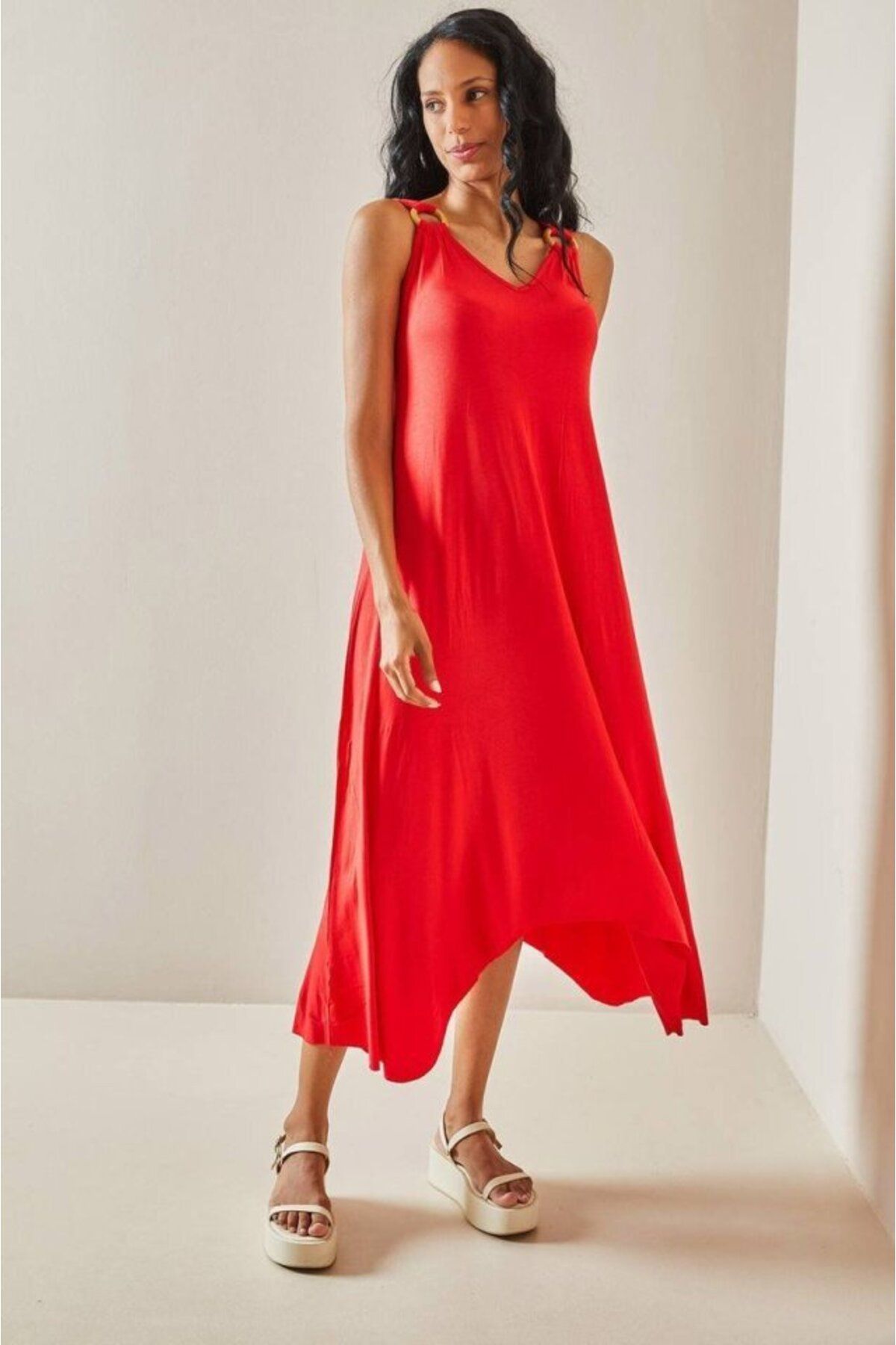 D&M Life Collection Kadın Omuz Askılı Toka Detay Maxi Boy Elbise - M - Kırmızı