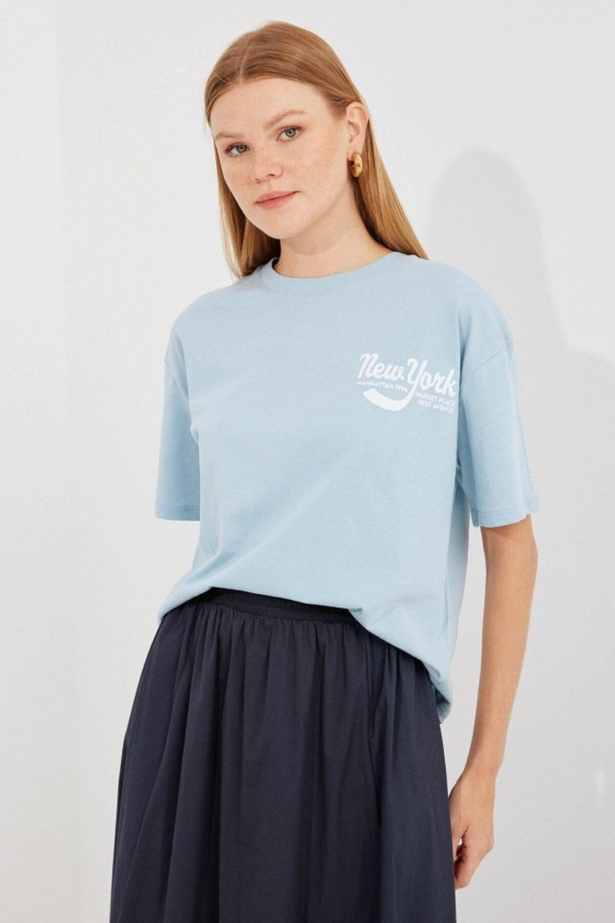 D&M Life Collection 4318 Baskılı Basic Tişört - Mavi