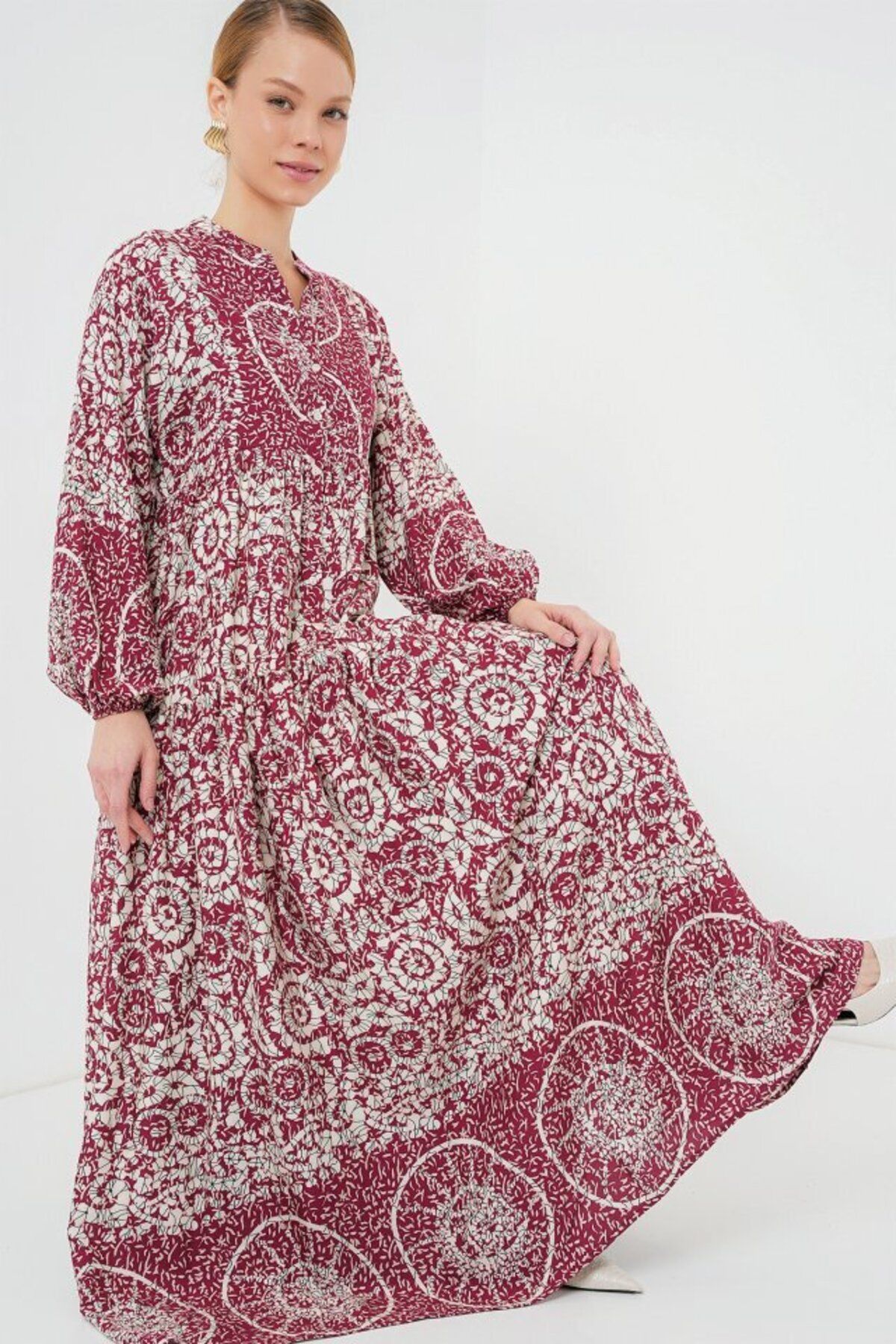 D&M Life Collection 2423 Otantik Desenli Tesettür Elbise - E. Fuşya - 40