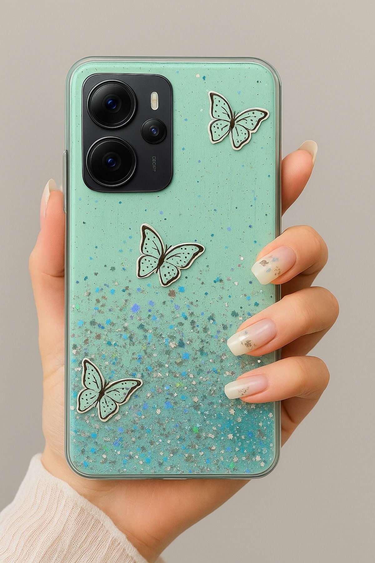 Rivor Xiaomi Redmi Note 14 4G Kılıf Kamera Çıkıntılı Simli Kelebek Kabartmalı Desenli İnce Premium Kapak