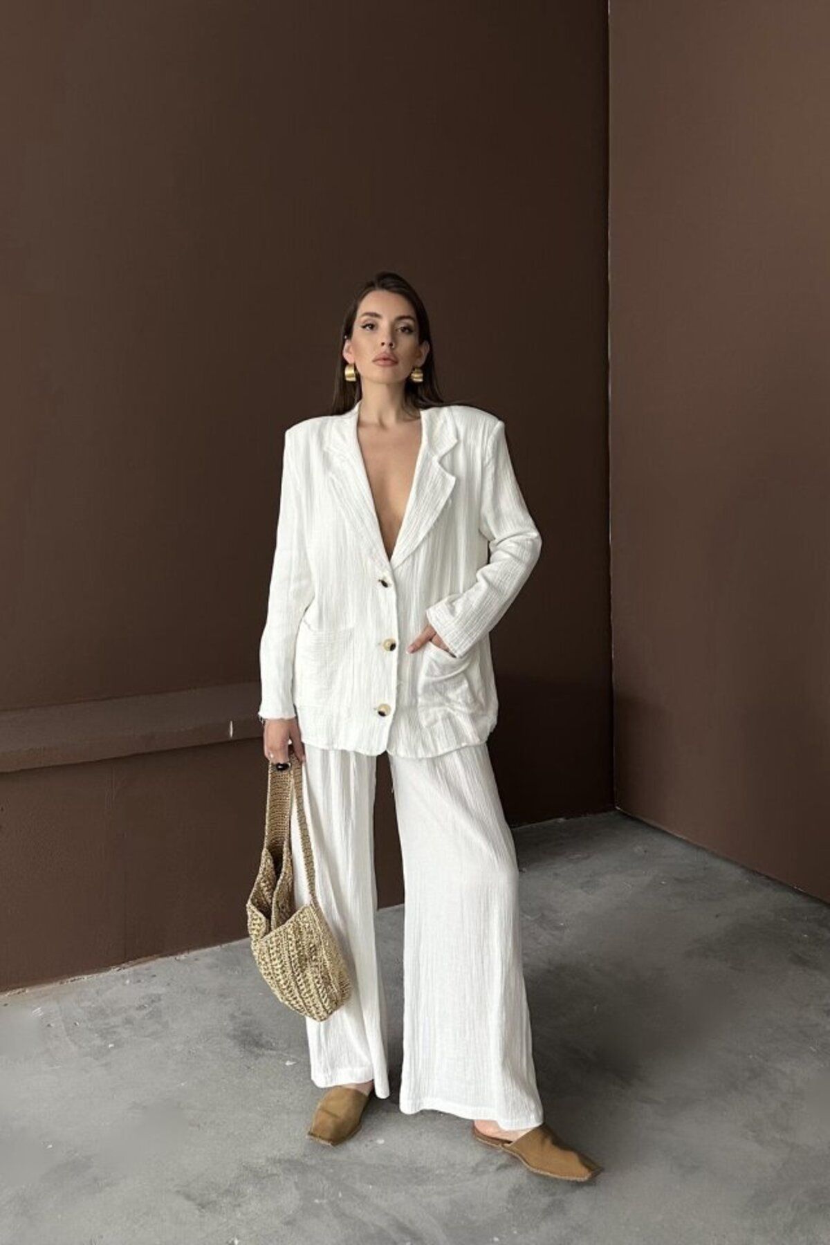 D&M Life Collection Beyaz Oversize Müslin Takım