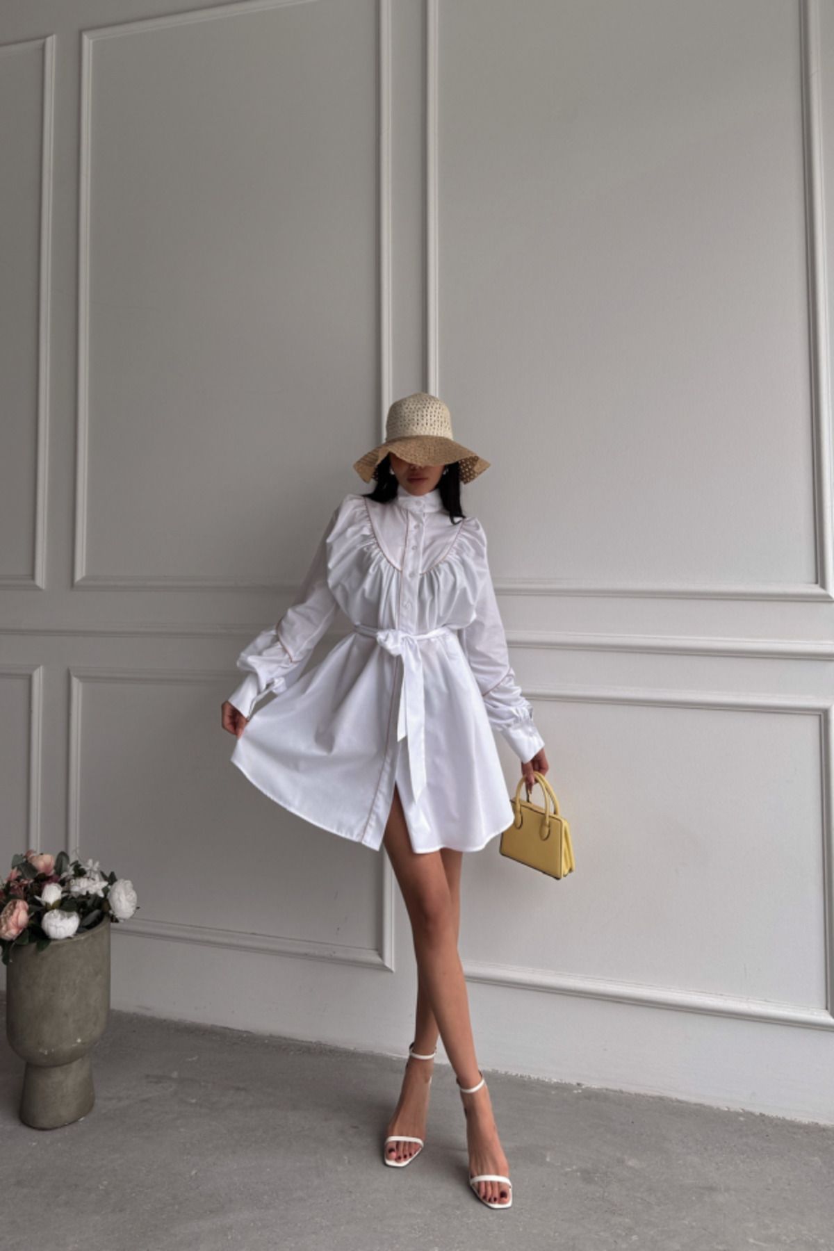 D&M Life Collection ÖNDEN DÜĞMELİ POPLİN KLOŞ ELBİSE BAĞLAMA KEMER DETAYLI - Beyaz - L