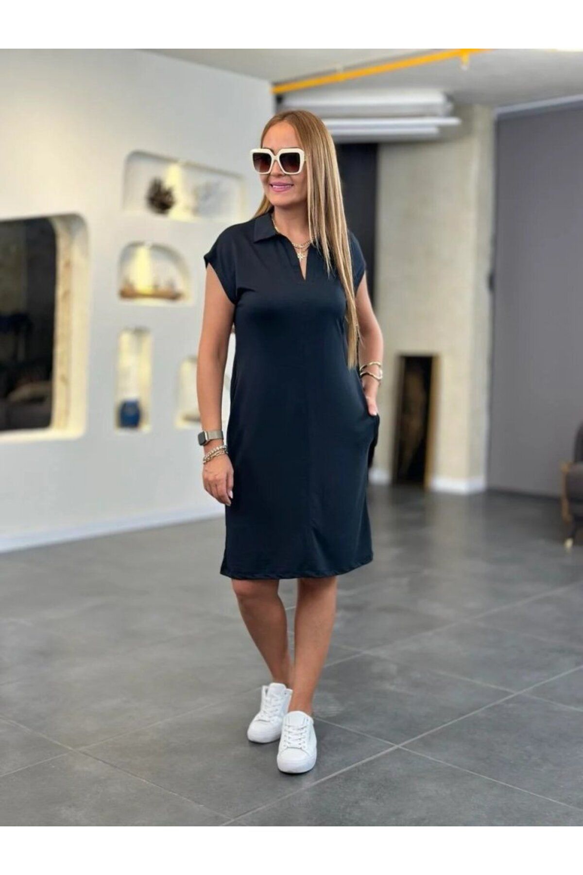 D&M Life Collection Kadın Kısa Kollu Yakalı Viskon Iki Iplik Elbise